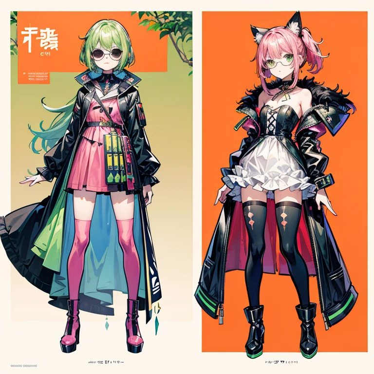 Character Sheets, Three types，Shot Full Body，Game Character Design，than a little flying moon，Girl in sunglasses and beans，Victorizo ∨TSE∨，Orange background,Stylistic expression, Character Sheets, Three types，Shot Full Body，Game Character Design，Victorizo ∨TSE∨,Stylistic expression, pastel colours, Green, Toxic Green, absurdress, Full of Details,petite girl, redhead hair, robot horse,Type sheet, Character Sheets, Three types，Shot Full Body，Game Character Design，than a small flying moon，Girl in sunglasses and beans，Victorizo ∨TSE∨，Stylistic expression, inspired by Alphonse Mucha, A lot of style, flat shading flies, Abstract art, neon colors, neon green, baggy clothes, ，windproof boots, official arts, Line chart sketch, symbol-shaped pupils,luna. bouquet, Separating elements), watercolour,illustartion,Realistic,Harmonious colours,natural lighting, vine、Cowboy shot, , Sleeves, Trimmed with ribbons,Detailed Face, Hot pink, long pink hair,