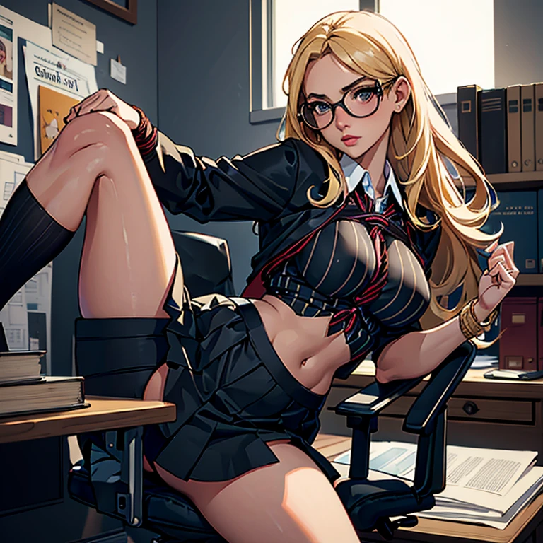 masterpiece, high quality, girl, blonde, secretary, tight black skirt, tight striped shirt, sexy, with glasses, tied with rope, bondage, showing panties, tight, office, legs spread