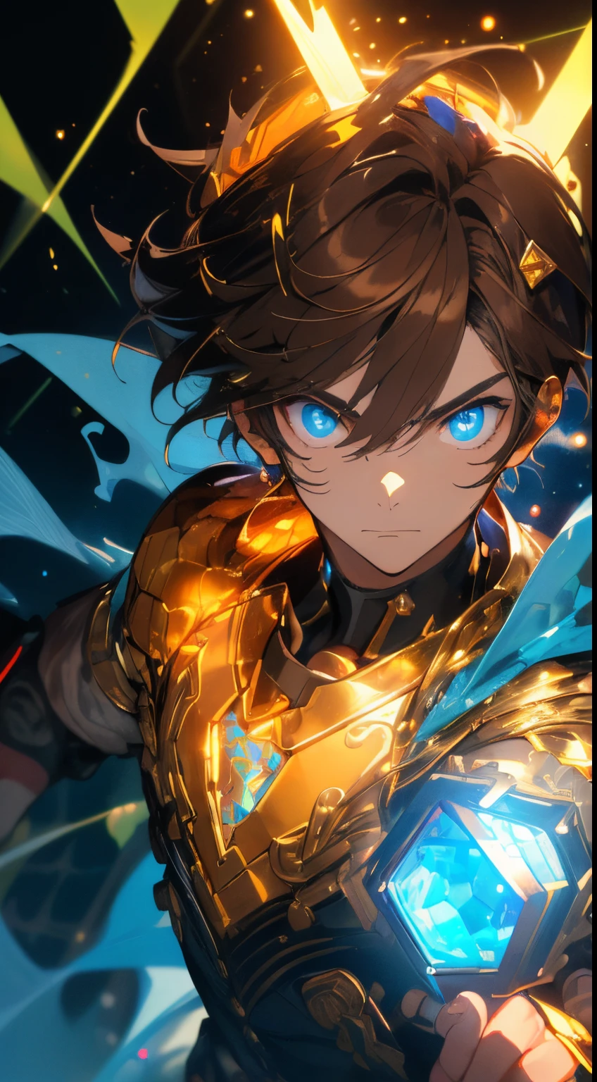 ((best quality)), ((masterpiece)), illustration, (detailed), isometric, (hexagon:1.2), (sharp:1.1), 1boy, (high-resolution:1.2) teenage man brown hair, vibrant and expressive eyes. wears a modern hero costume in shades of blue and gold, incorporating luminous elements. A technological costume with details that emit light. uses a special viewfinder that helps him focus and amplify his Photon Burst powers