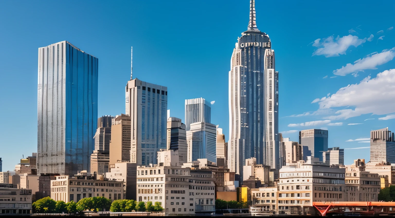 Ultra high-definition images,Best Quality,1 A woman with a beautiful face,Full body image of a beautiful woman,lace white dress,Close-up of a city lined with large buildings ((( The real Empire State Building in the center background))), New York Background, live-action aesthetics, A movie about elegance,