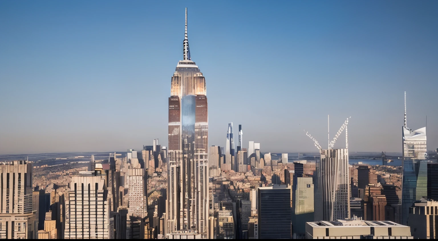 Ultra high-definition images,Best Quality，1 A woman with a beautiful face，Full body image of a beautiful woman，lace white dress，Close-up of a city lined with large buildings ((( The real Empire State Building in the center background))), New York Background, live-action aesthetics, A movie about elegance，