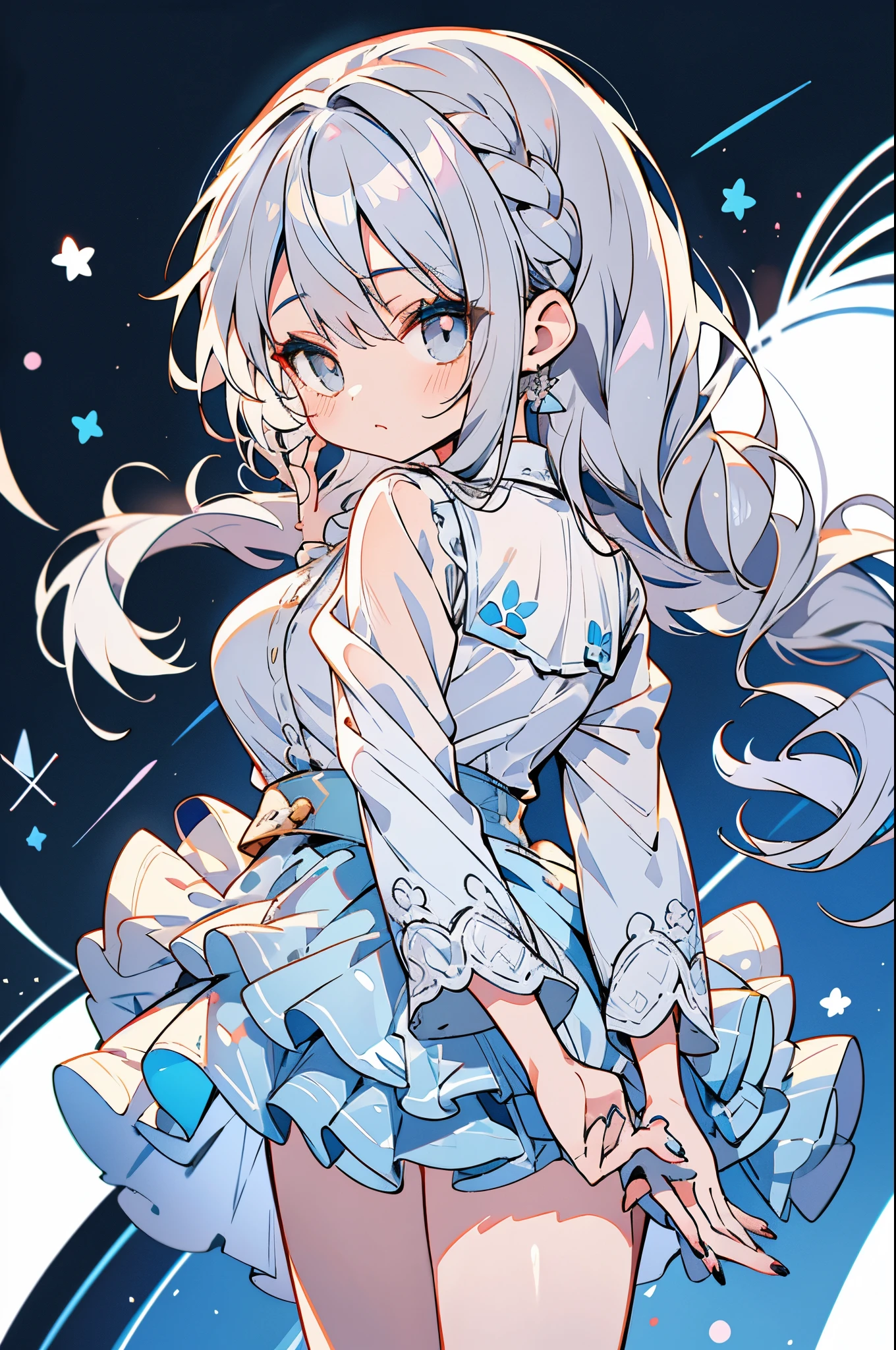 Anime drawing of a cute girl with long silver hair and gray eyes, 1girl in, Solo, Eyes without light, Put your hands on your cheeks, yandere, Twin-tailed, White background, Skirt, Grey Hair, Looking at Viewer, Long hair, Blue Nails, White shirt, Shirt, lace sleeves, Background, huge tit, Bangs