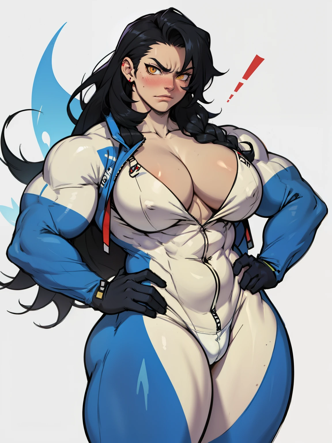 1girl solo black hair yellow eyes very long hair pale skin muscular muscular muscular muscular toned body huge muscles thick thighs girl angry blushing onesie thick thick thick thick