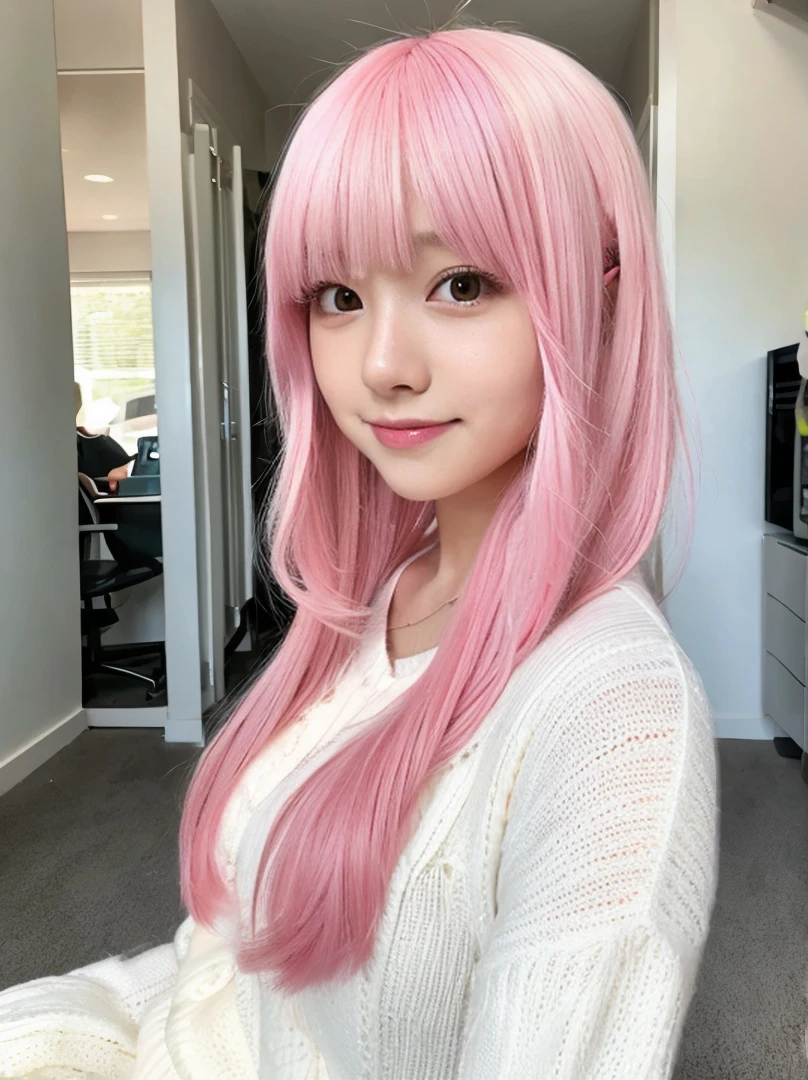 gamer girl, vibrant pink hair, long hair, white fringe, selfie