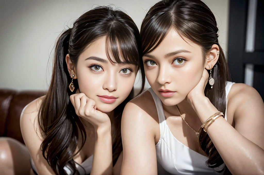 (Masterpiece, Professional lighting, 16k, 8k wallpaper, raw photo, photorealistic:1.8, ultra detailed, natural gentle lighting, detailed skin, detailed face, detailed eyes, textured skins, cinematic composition, detailed background:1.2 ), BIBC, ((Group shot:1.2, 3girl, extremely beautiful girls:1.35, full body:1.5)), extremely beautiful face, cute face, idol, ((wearing identical bank worker suits:1.2, slender, skinny, business shirt, see-through:0.5, mini tight skirt:1.5, pantyhose:0.9)),( sitting on sofa, inside office), (perfect face, highly detailed face, perfect eyes, detailed eyes), ((cute face)), looking at viewer, embarrassed:1.2, smile:1.25, full body, ((attractive feminine body)), looking at viewer, young girls, embarrassed, glossy lips, age girls, Caucasian, Asian, blonde hair, brown hair, wavy hair, updo, ponytail, jewelry, earrings, partly naked, seductive, silky skins, joyful, updo, 18 yo