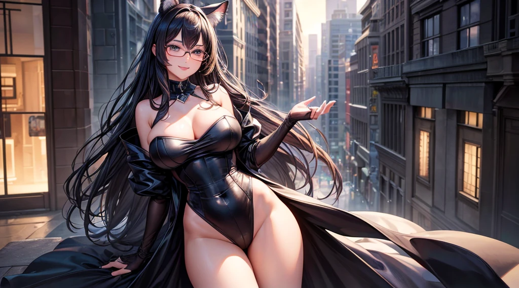 (masterpiece, best)), (1girl), (mature woman), Charcoal hair, open-chest seduction, flared, (kemonomimi mobster lady), bangs, medium breasts, glasses lady, (full), slim, smile, [wide hips], standing, 8K picture quality, sexy seduction, (open-chest) (Sharp focus: 1.5), (sharp focus:1.2), (beautiful face:1.1), (eye makeup:1.2), (tight body:1.2), wearing (mob suit:1.2) (the city:1.2). (sunset lighting:1.2), ((Masterpiece)), (highest quality))), (Character design sheet, national costume, same character, front, side, back), (enter city background: 1.3) ( Masterpiece:1.2), (Best Quality:1.3) (best quality:1.1) realistic:1.37 long, flowing:1.1 luscious, plump:1.1 sparkling sequins:1.1 subtle, Lavender:0.9 soft, warm:1.1 best quality,4k,8k,highres,masterpiece:1.2, realistic,photorealistic,photo-realistic:1.37, ultra-detailed:1.1 busty animal ears, beautiful, detailed ears:1.1 best quality, 4k, highres, masterpiece:1.2 detailed, piercing eyes:1.1 4k, 8k, highres, masterpiece:1.2 very three-dimensional: 1.2 (8k, best quality, masterpiece:1.2 ((masterpiece, best))