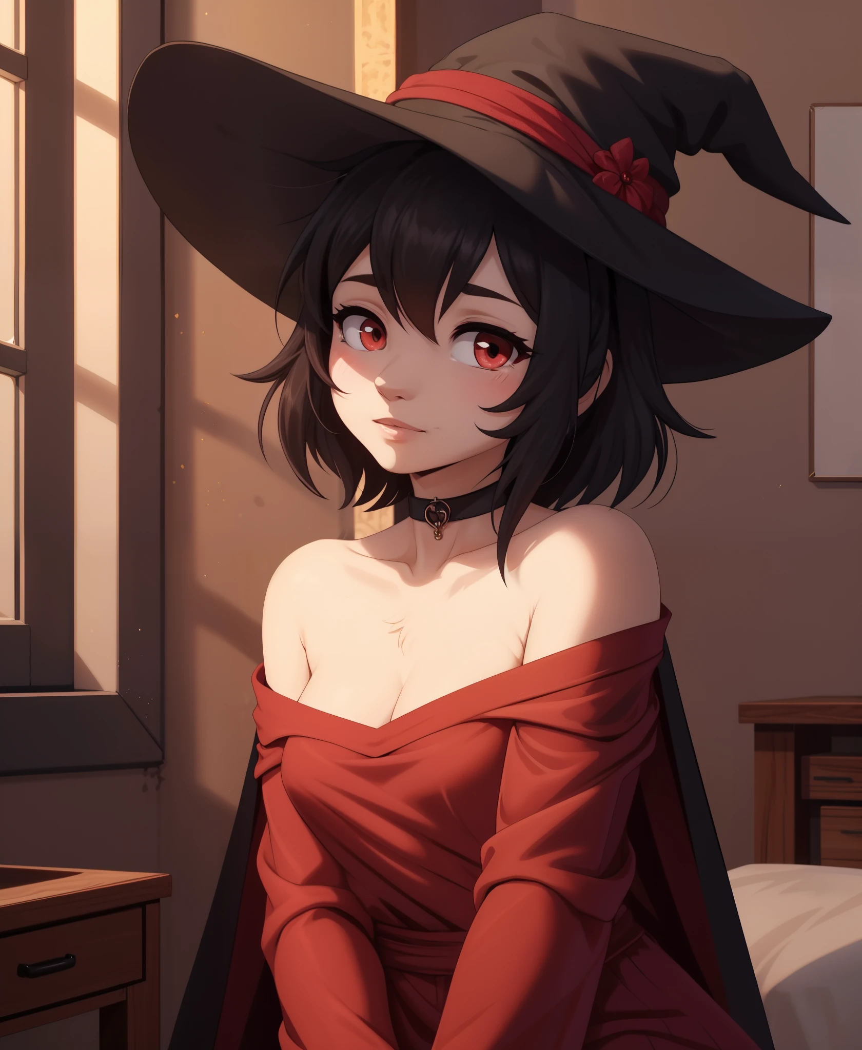 megumin, 1girl, bare shoulders, black cape, black gloves, black hair, blush, cape, choker, collarbone, dress, hair between eyes, hat, long sleeves, looking at viewer, medium hair, off-shoulder dress, off shoulder, red dress, red eyes, sidelocks, solo, witch hat, indoors