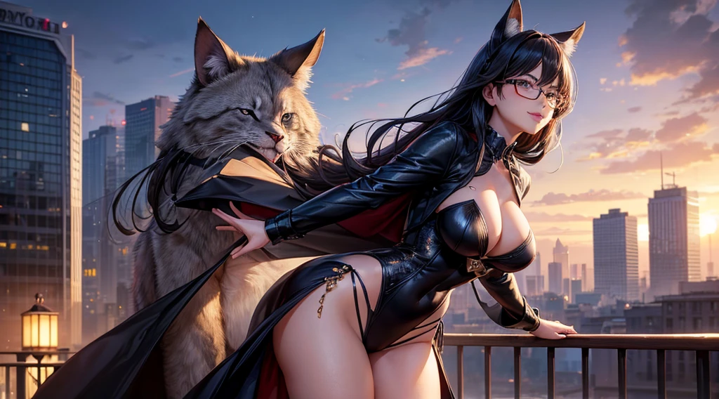 (masterpiece, best)), (1girl), (mature woman), Charcoal hair, open-chest seduction, flared, (twin kemonomimi mobster lady), bangs, medium breasts, glasses lady, (full), slim, smile, [wide hips], standing, 8K picture quality, sexy seduction, (open-chest) (Sharp focus: 1.5), (sharp focus:1.2), (beautiful face:1.1), (eye makeup:1.2), (tight body:1.2), wearing (mafia dress:1.2) (the city:1.2). (sunset lighting:1.2), ((Masterpiece)), (highest quality))), (Character design sheet, national costume, same character, front, side, back), (enter city background: 1.3) ( Masterpiece:1.2), (Best Quality:1.3) (best quality:1.1) realistic:1.37 long, flowing:1.1 luscious, plump:1.1 sparkling sequins:1.1 subtle, Lavender:0.9 soft, warm:1.1 best quality,4k,8k,highres,masterpiece:1.2, realistic,photorealistic,photo-realistic:1.37, ultra-detailed:1.1 busty animal ears, beautiful, detailed ears:1.1 best quality, 4k, highres, masterpiece:1.2 detailed, piercing eyes:1.1 4k, 8k, highres, masterpiece:1.2 very three-dimensional: 1.2 (8k, best quality, masterpiece:1.2 ((masterpiece, best))