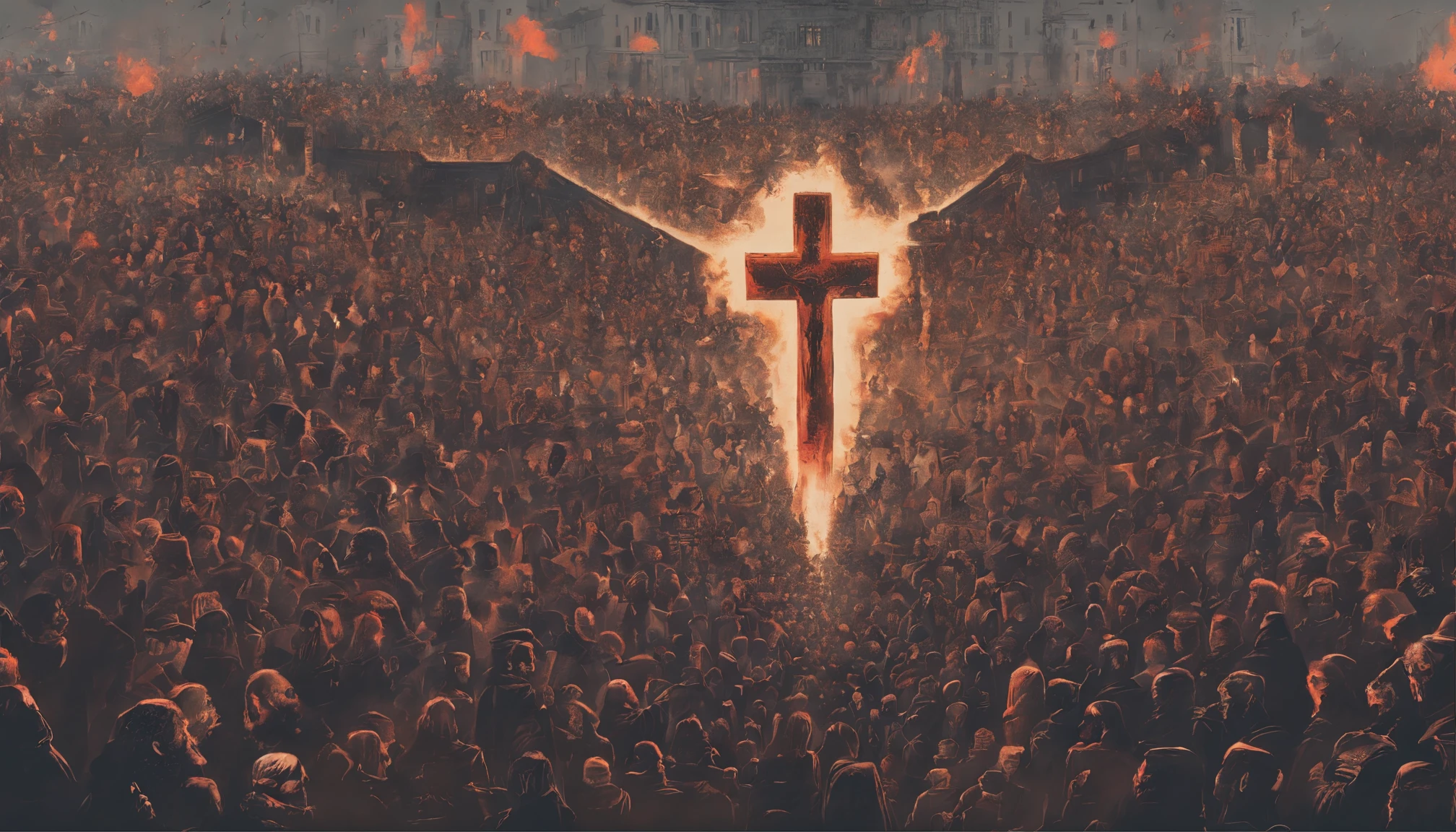 Collage of Black Friday crowds and religious imagery like a cross or Pentecost symbol.