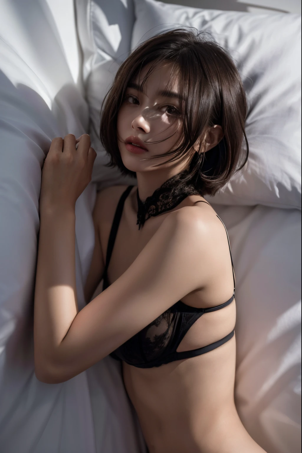 (Best quality, 8k, 32k, Masterpiece, UHD:1.2) "Produce a captivating art piece featuring a girl with a stylish bob haircut, illuminated by dramatic and cinematic lighting that accentuates the contours of her face and hair. Create an atmosphere that exudes intrigue and depth, with shadows and highlights playing a central role in defining the scene. The lighting should emphasize the girl's features and add an extra layer of drama to the composition, making it visually striking and evoking a sense of mystery and allure." lingerie, bedsheets, bed, white shirt