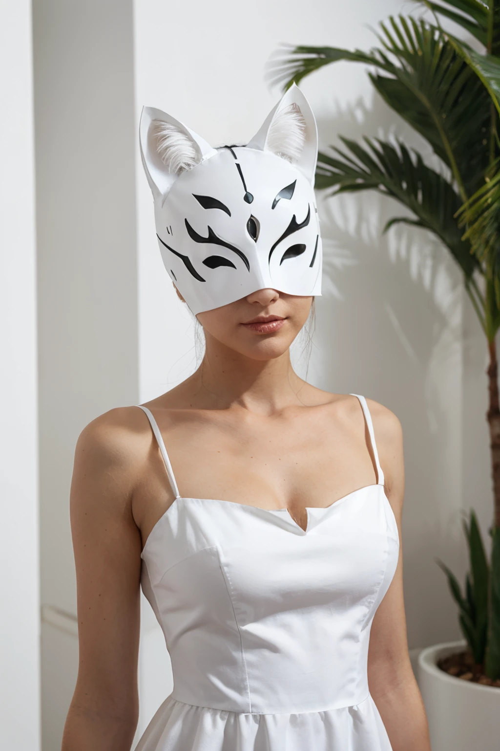 Woman wearing a white cat mask similar to Zorro's mask (Com um vestido elegante), em uma foto de frente.