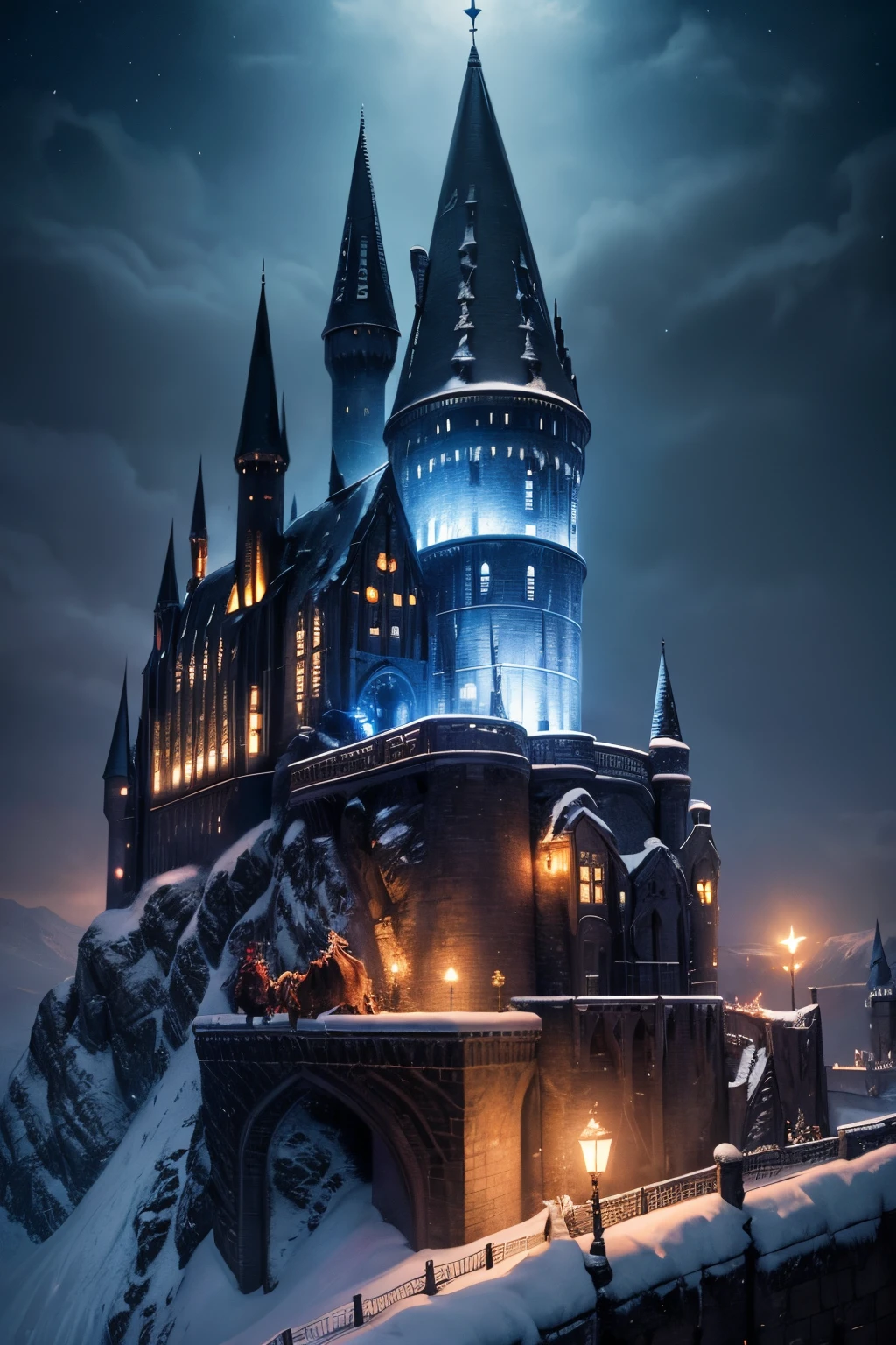 harry potter and dumbledore, hogwards castle, snowy evening, warm lights, high resolution, dragon in the sky