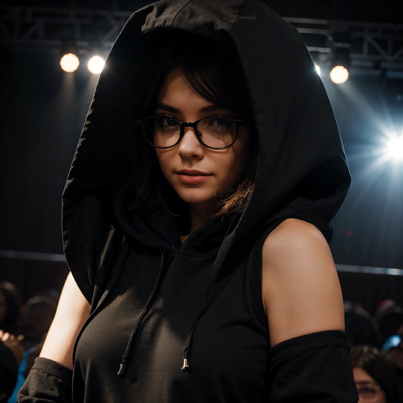 Make a girl in a hood with black glasses on a stage