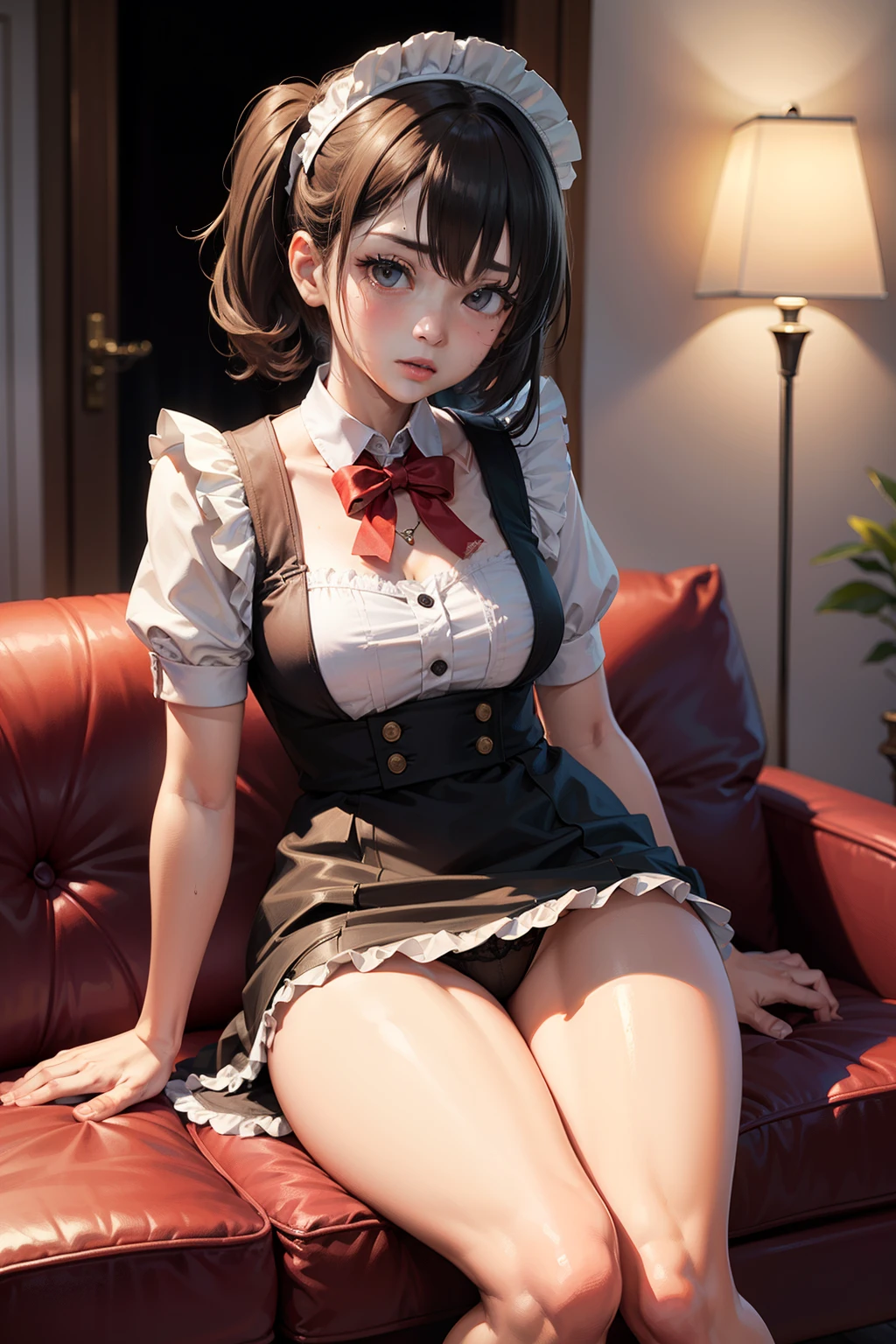 top-quality、lighting like a movie、 1 Maid Girl、Sitting on the sofa and opening legs、embarrassed from、Panty Exposure、open one's legs、(Thigh 1:2)、full of sweat、