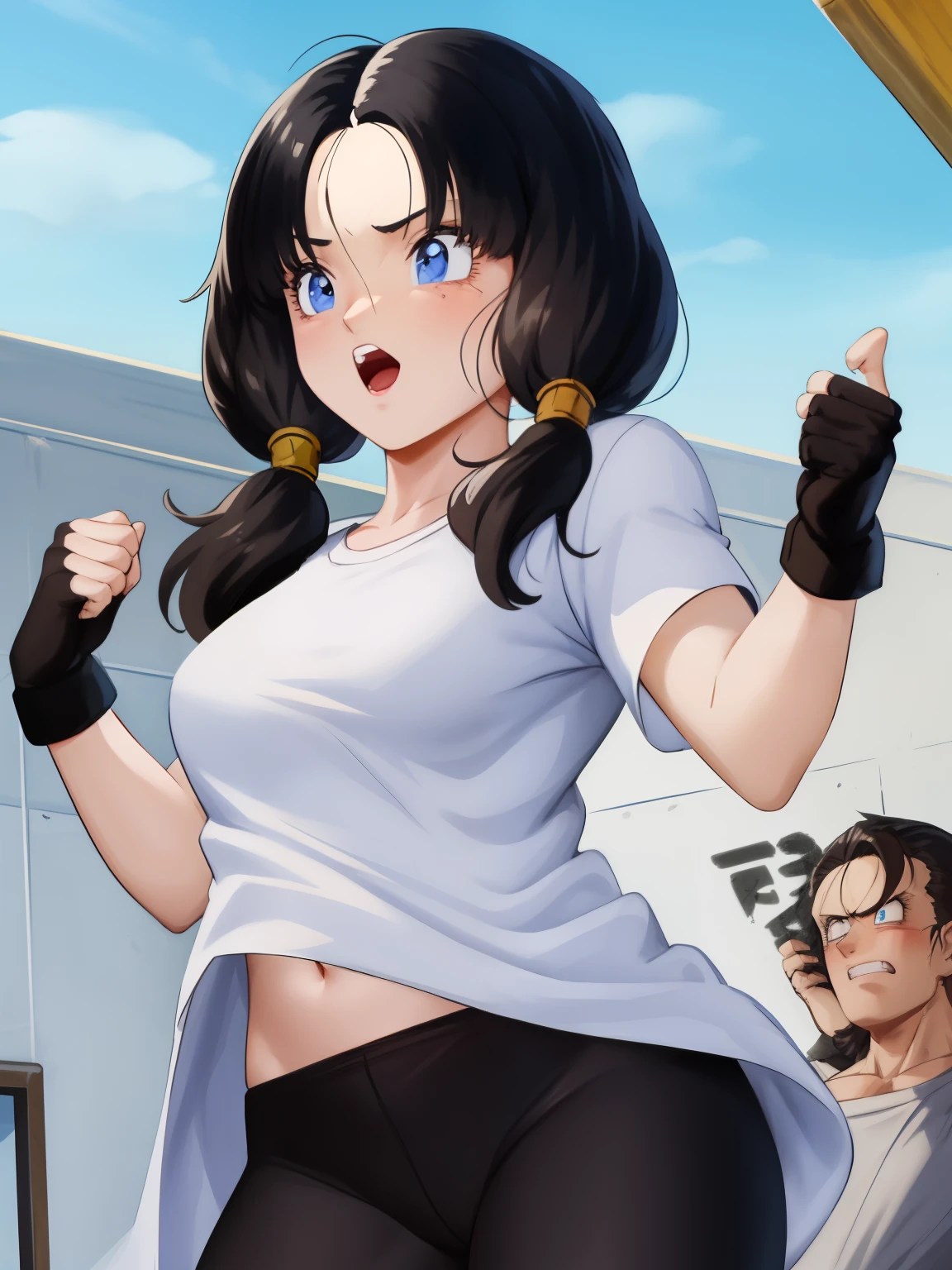 1 man 1 girl ;Sexy Manga comic sensual brunette girl blue eyes wet white t-shirt v-neckline, schoolar mini skirt and high heels boots she is squeezing a man in his groin big Dick, big balls burst(nsfw)(bigboob)(highly detailed) (concept art) (manga) (anime) (draw) (face anime detailed) (comics)(ballbusting)(wet t-shirt) (wet girl) (nipples) 