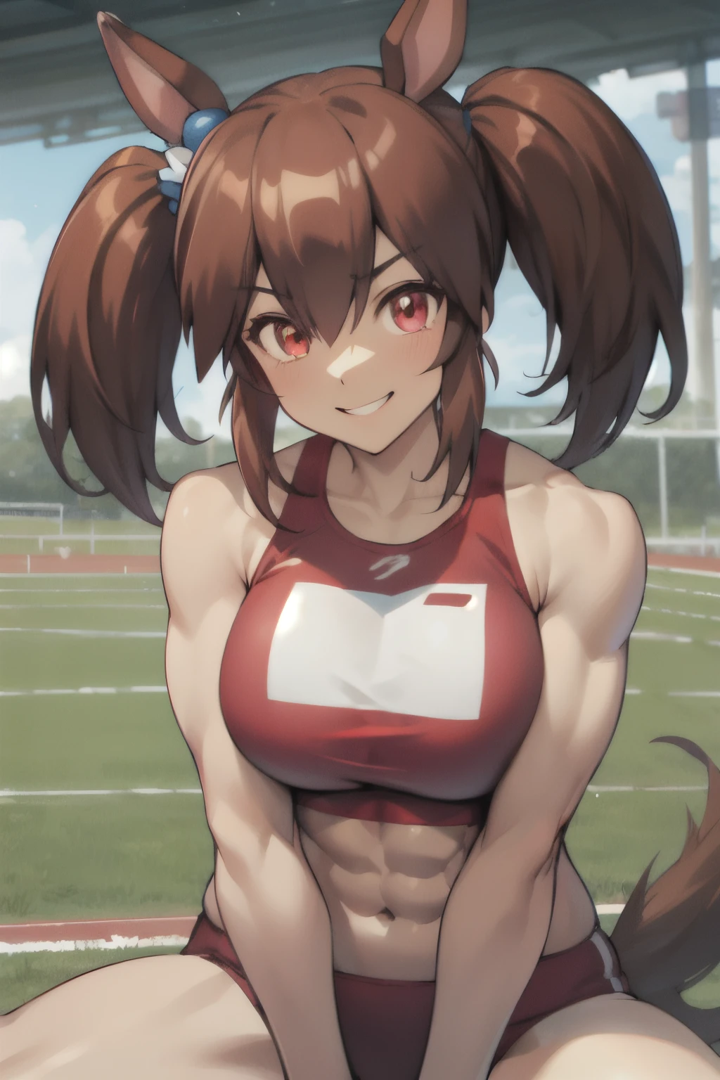 hishi akebono\(umamusume\), (ultra-detailed face, masterpiece, best quality, slender, muscular, abs, rikujou, horse tail, large tits, smile, athletics track, hand between legs