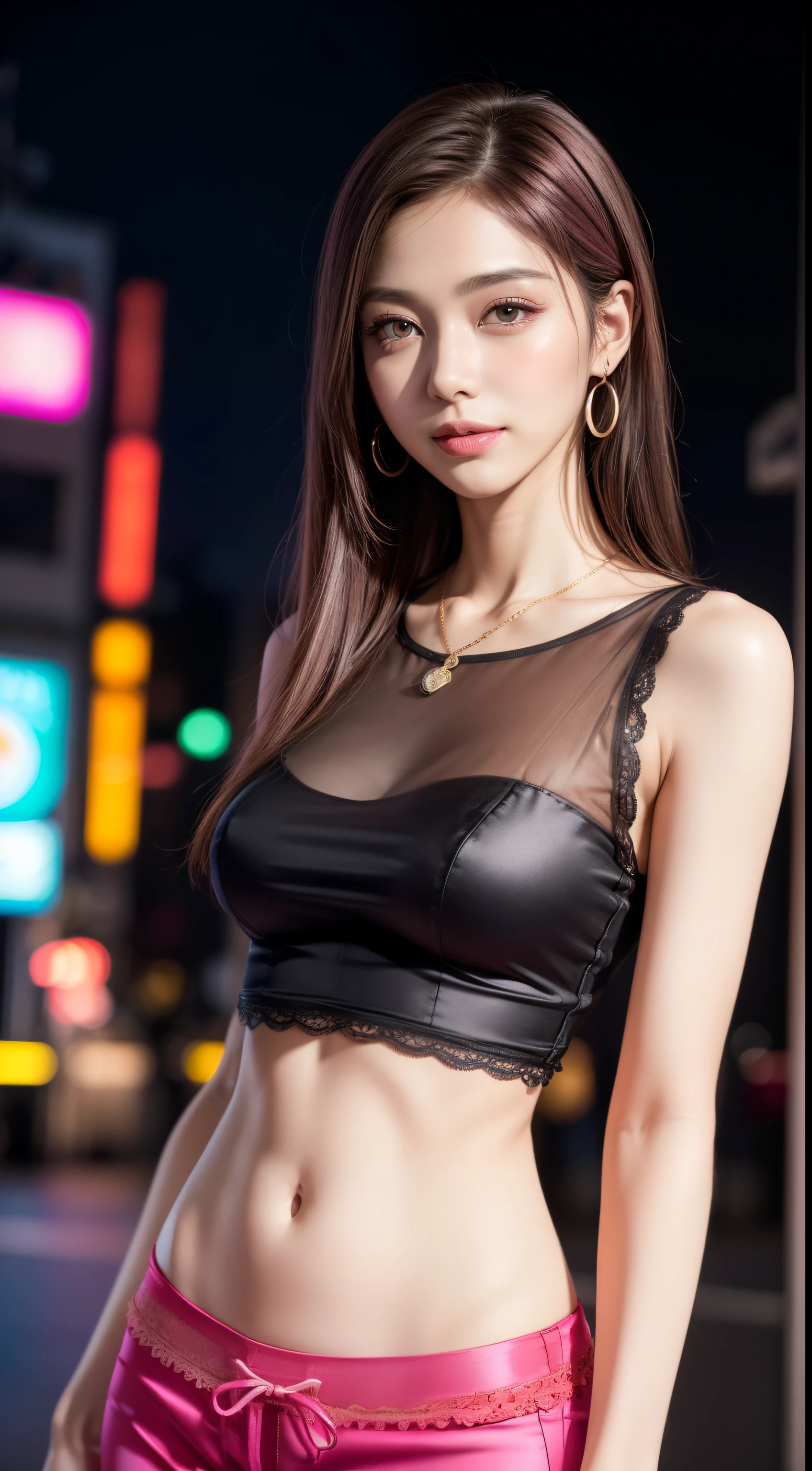 8k, masterpiece, RAW photo, best quality, photorealistic, extremely detailed CG unity 8k wallpaper, Depth of field, Cinematic Light, Lens Flare, Ray tracing, (extremely beautiful face, beautiful lips, beautiful eyes), intricate detail face, ((ultra detailed skin)) 1girl, in the dark, deep shadow, pretty korean girl, kpop idol, 1 girl, (very slim slender fit-muscled body:1.3), ((looking at viewer)),(big smile:1.3), (tight laced blouse), (hot pink color blouse), (sleevelesashion city night, dark night, (neon sign), (blurred background), fashion street night),(without people in the background:1.3), beautiful earrings, bracelets, necklace, pantyhose, clear eyes, (pale skin), (big eyeace forward, ((upper body shot)), ((silk hot pink color pants:1.3)),(brown hairs),((tight fitting laced pants)), (see through), (looking at viewer:1.3) open breast, very slim, thick thighs, medium breasts, (see through),((flooming laced))
