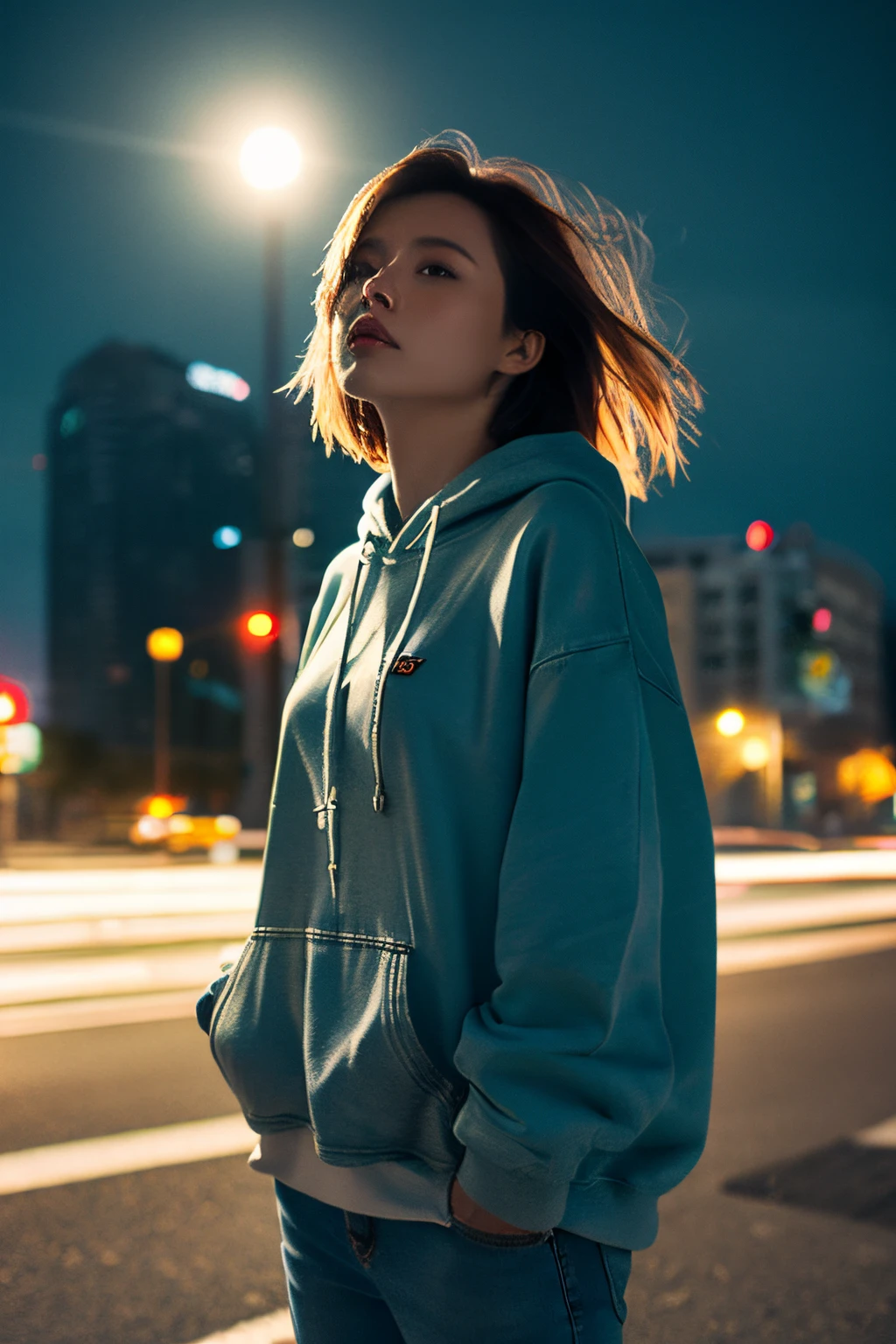 (photorealistic:1.2), best quality, 1woman, city, professional lighting, photo mapping, radiosity, physically-based rendering, mature, hair blowing in the wind, moon, night, oversized hoodie, short denim pants, floating hair, long hair, film grain