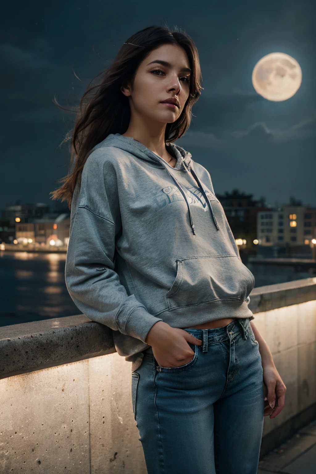 (photorealistic:1.2), best quality, 1woman, city, professional lighting, photo mapping, radiosity, physically-based rendering, mature, hair blowing in the wind, moon, night, oversized hoodie, short denim pants, floating hair, long hair, film grain