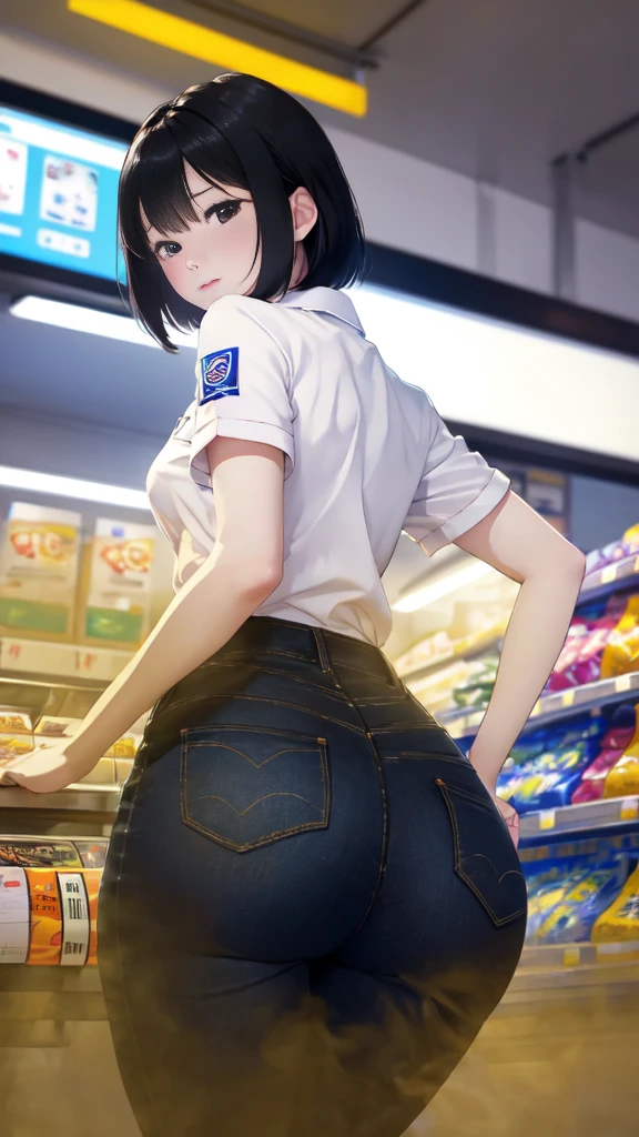 ((velocity)),Attacked by farts, (((Women farting))),(girl farting while stand)),frowned,velocity,(a female cashier at the supermarket),(wearing a cashier uniform and jeanacing here),(her butt facing here)) (short hair black hair),(Asian woman),(supermarket cashier ),(masterpiece:1.2、top-quality)、(the Extremely Detailed CG Unity 8K Wallpapers、ultra-detailliert、Best Shadows)、(细致背景)、(The best lighting、extremely delicate and beautiful)、depth of fields、1girl in、report、upward looking gaze、