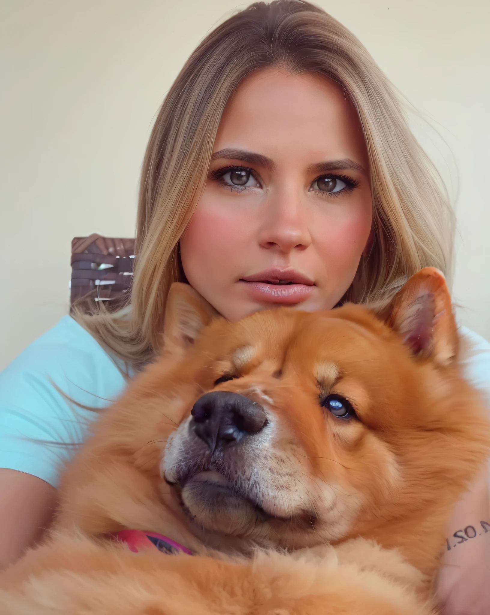 uma linda mulher com um cachorro, olhos perfeitos, olhos verdes, 4K HD resolution, imagem de alta qualidade, Imagem premiada, Imagem da National Geographic com fundo granulado, Imagem premiada, Imagem premiada, hyper-realistic, high resolution, Very detailed, Imagem premiada, Very detailed, qualidade HD