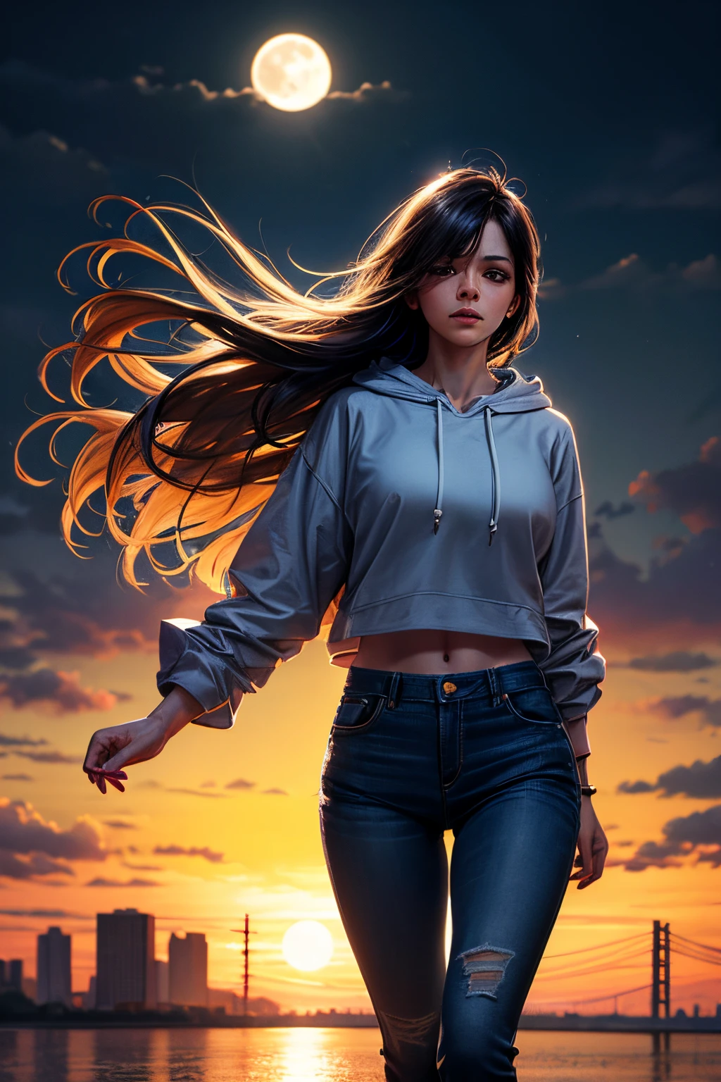 (photorealistic:1.2), best quality, 1woman, city, professional lighting, photo mapping, radiosity, physically-based rendering, mature, hair blowing in the wind, moon, night, oversized hoodie, short denim pants, floating hair, long hair, film grain