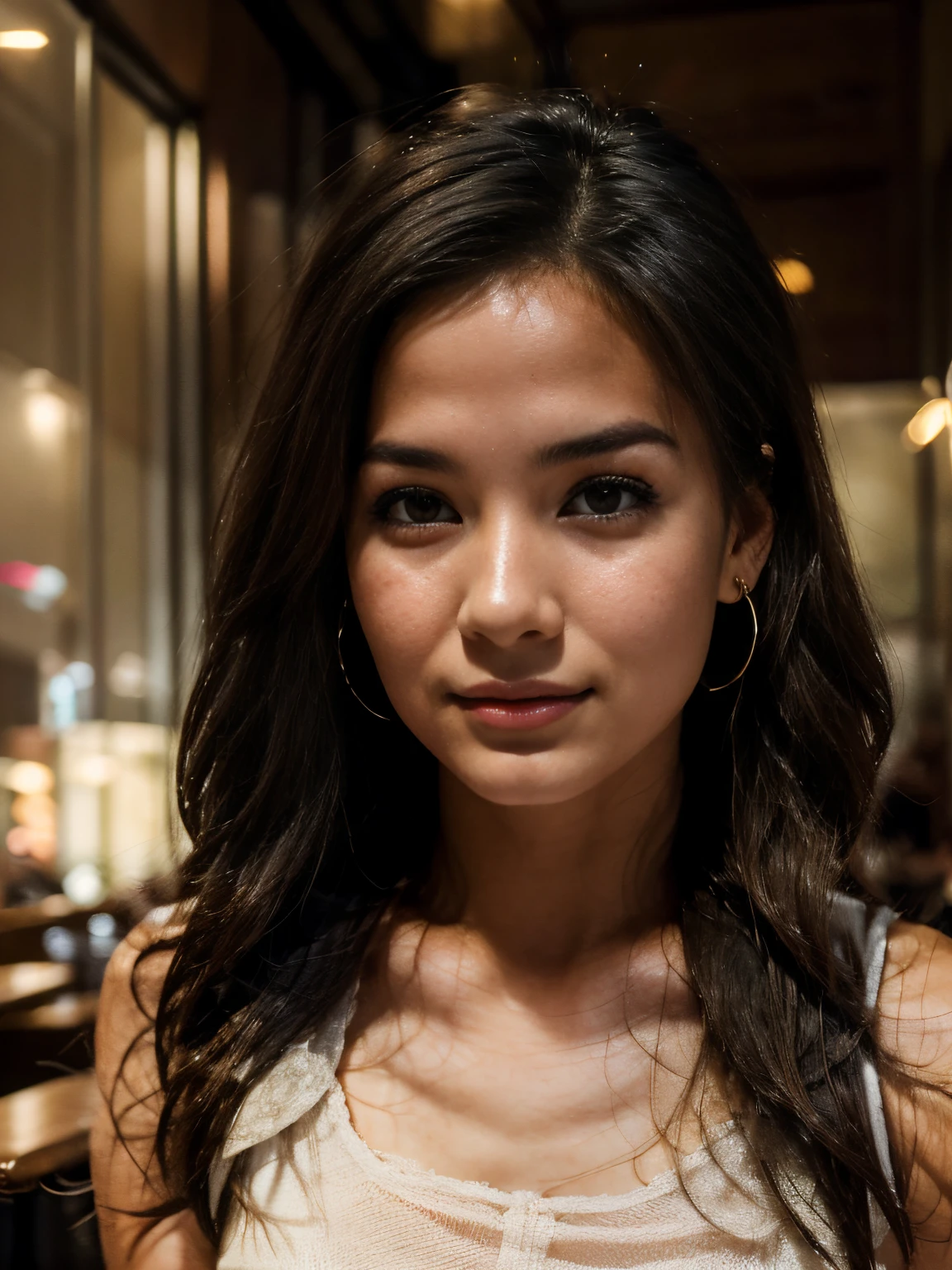 close up photo of a 24 year old brunette woman named kimmie miso, that  has a very natural face, earrings, long eyelashes. looking away from camera, smiling, in a cafe,