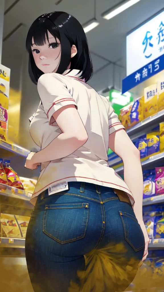 ((velocity)),Attacked by farts, (((Women farting))),(girl farting while stand)),frowned,velocity,(a female cashier at the supermarket),(wearing a cashier uniform and jeans),(((facing here),(her butt facing here)) (short hair black hair),(Asian woman),(supermarket cashier ),(masterpiece:1.2、top-quality)、(the Extremely Detailed CG Unity 8K Wallpapers、ultra-detailliert、Best Shadows)、(细致背景)、(The best lighting、extremely delicate and beautiful)、depth of fields、1girl in、report、upward looking gaze、