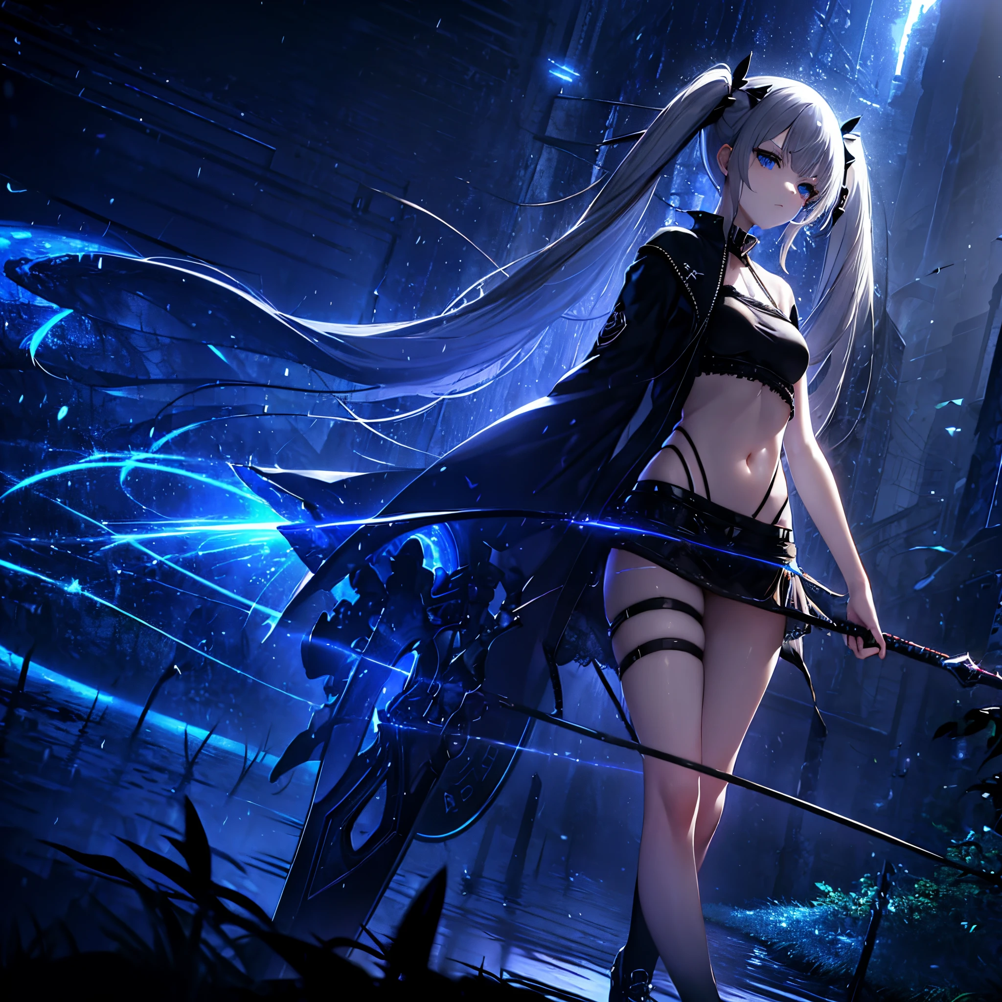 1 girl, solo, short girl, ta, highly detailed silver hair, crystal hair, back twintails, beautiful deep blue eyes, glowing eyes, small breasts, intricate black blue and gray crop_top with threads, threaded outfit, mini skirt, short black socks, holding bow-like weapon, fantasy-style brown shoes, concentrated expression, aiming with weapon, side view, woods in background