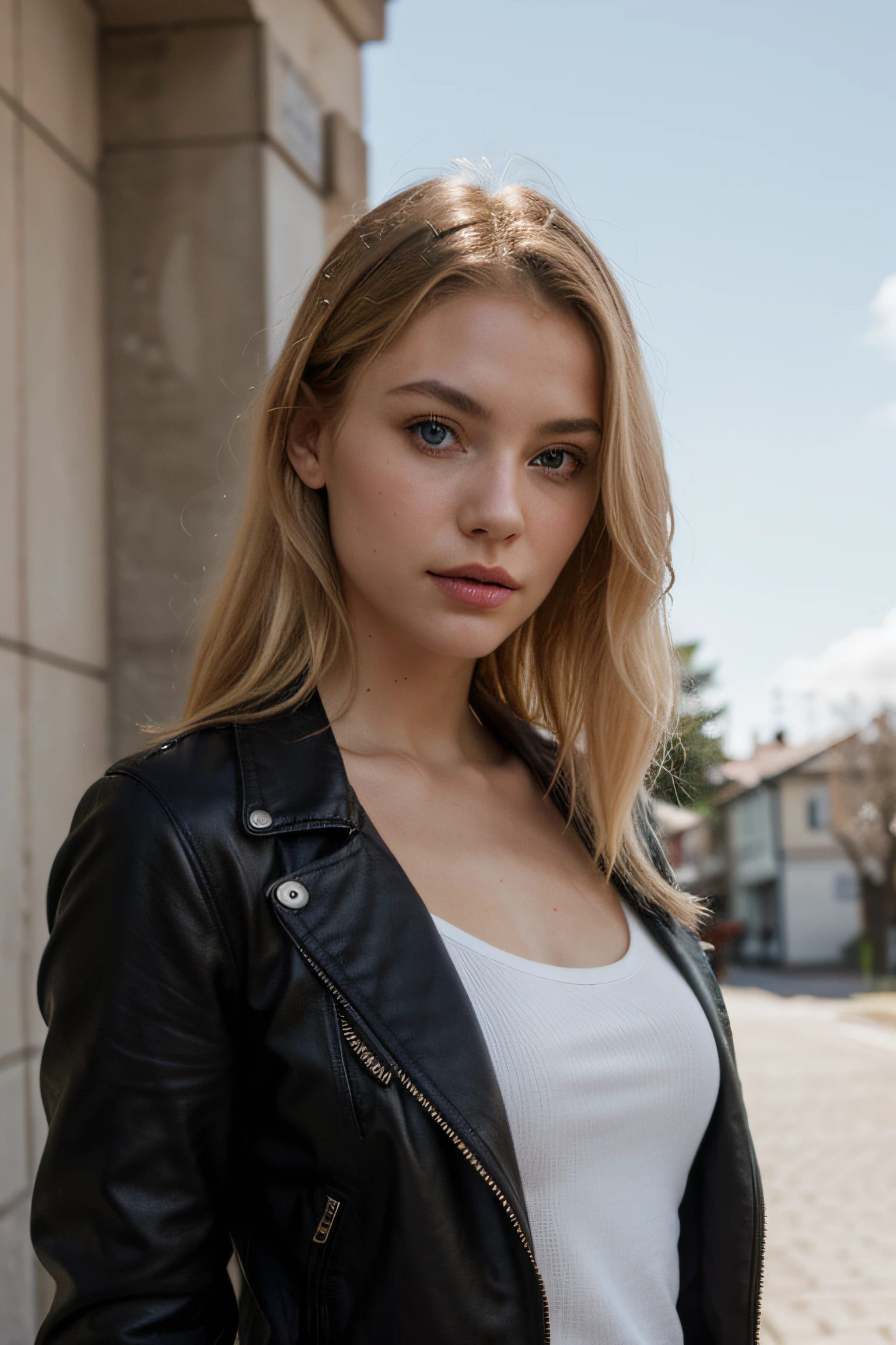 Extremely realistic blonde Russian girl with blonde hair and blue eyes, wearing a black leather jacket, white top, entire upper body, looking at the sky, not portrait