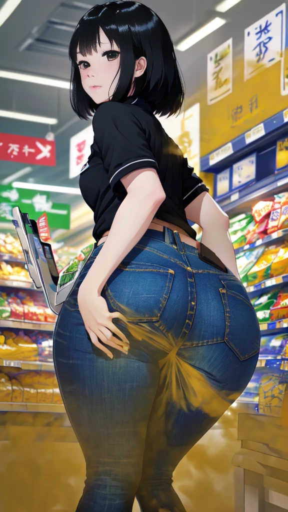an enchanting woman, at supermarket, waiting outside bathroom door, desperate, closed eyes, head up, screaming, surrounded by lovers, kissing her husband, orgasm face, rubbing her huge butt, sex from behind, Wearing tight shirt, huge breasts about to explode out of top, grabbing her belly, bulging diaper, gigantic diaper sagging down, huge diaper, massive lumpy full diaper, diaper growing bigger and bigger, holding her growing diaper, diaper puffing up like a balloon about to explode, diaper filling up whole screen, diaper inflated to enormous size, diaper exploding out of jeans