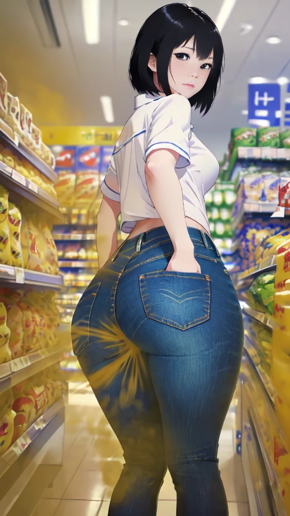 ((velocity)),Attacked by farts, (((Women farting))),(girl farting while stand)),frowned,velocity,(a female cashier at the supermarket),(wearing a cashier uniform and jeans),(((facing here),(her butt facing here)) (short hair black hair),(Asian woman),(supermarket cashier ),(masterpiece:1.2、top-quality)、(the Extremely Detailed CG Unity 8K Wallpapers、ultra-detailliert、Best Shadows)、(细致背景)、(The best lighting、extremely delicate and beautiful)、depth of fields、1girl in、report、upward looking gaze、