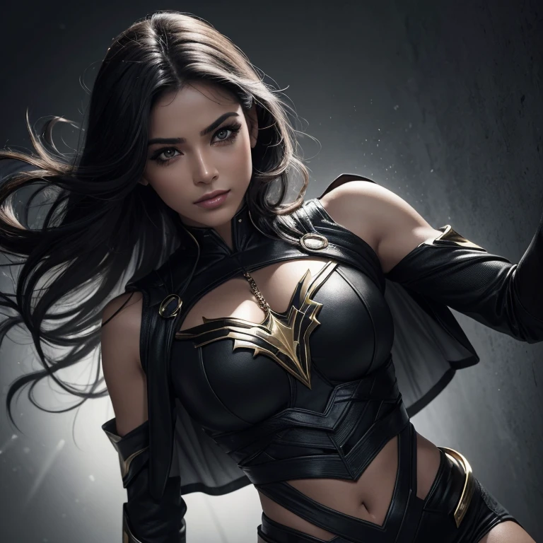 (best quality,8k,high resolution,foto fashion:1.2),Mulher,cabelos encaracolados encantadores,(superhero,super hero:1.1),olhos cativantes e expressivos,fake eyelashes deslumbrantes,sorrisinho encantador,olhando diretamente para o observador,linguagem corporal confiante e heroica,brilho radiante na pele e cabelo,vibrantes cores vivas,blusa justa e elegante,Powerful and dynamic pose,emphasizing feminine strength and grace,look de moda sofisticado e moderno,urban and contemporary backgrounds in shades of gray and black,Dramatic, face-focused lighting,creating a sense of mystery and power.