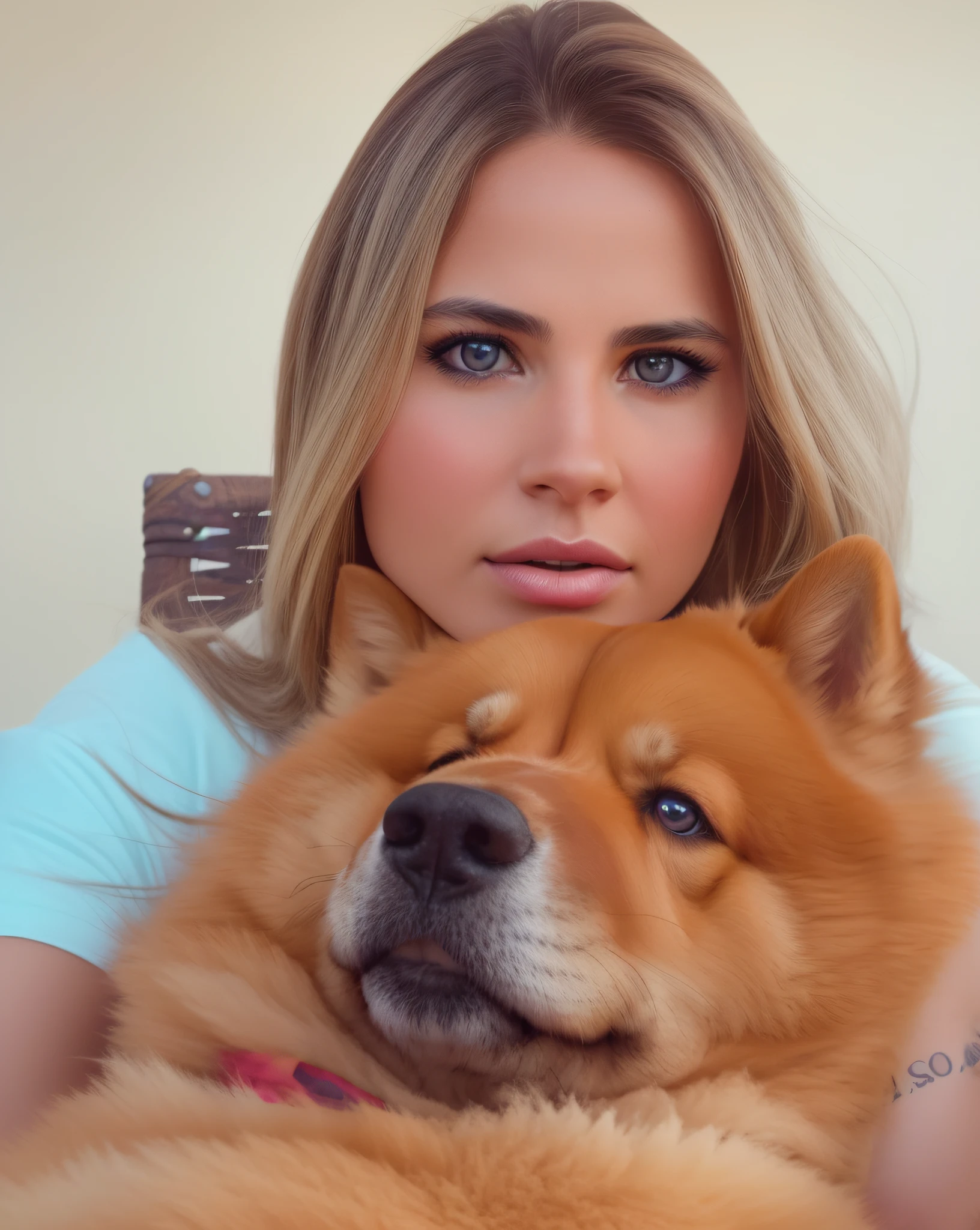 uma linda mulher com um cachorro, olhos perfeitos, 4K HD resolution, imagem de alta qualidade, Imagem premiada, Imagem da National Geographic com fundo granulado, Imagem premiada, Imagem premiada, hyper-realistic, high resolution, Very detailed, Imagem premiada, Very detailed, qualidade HD