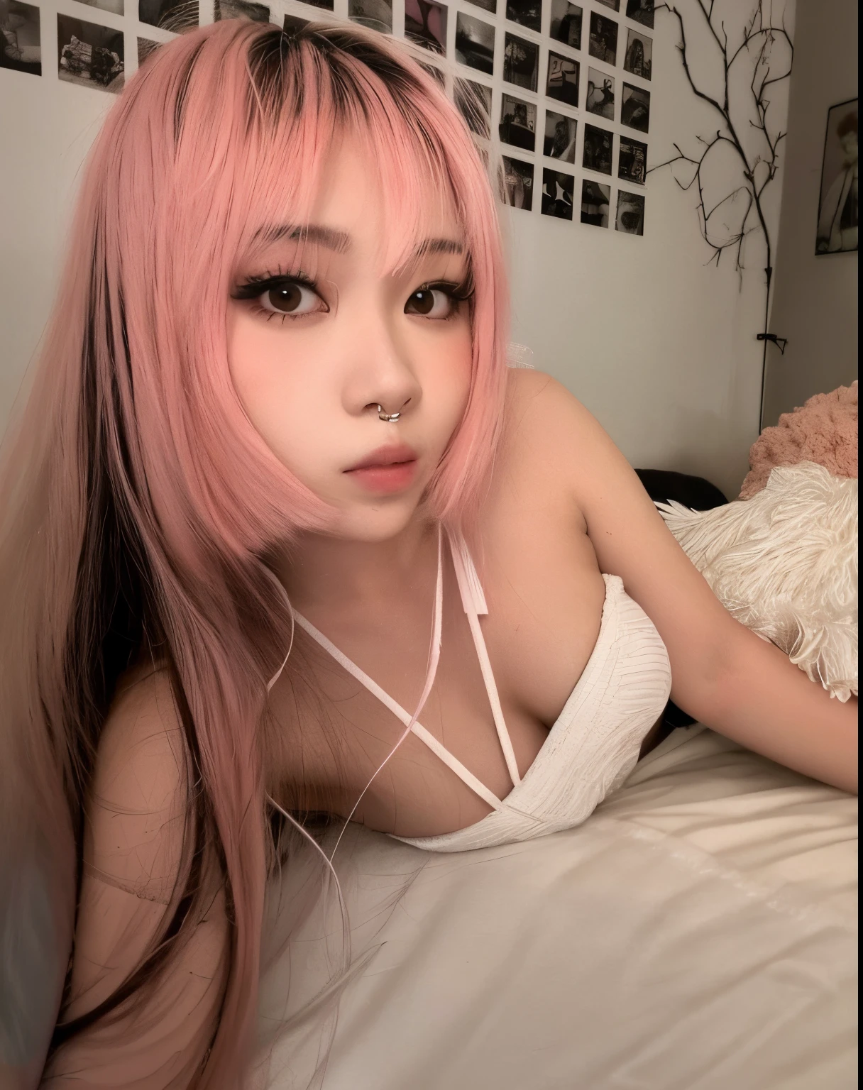 Korean girl nude, wearing jwellery on her head and neck, beautiful girl, really big bust, thin girl, pink hairs, wore makeup, black panties, underboobs, clean pussy