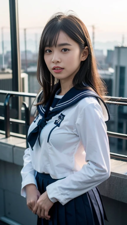 (Best Quality, 8K, 32K, masutepiece, nffsw:1.2), (Raw photo), (Realistic), (Photorealistic:1.2), (High resolution), Ultra-detailed, Extremely beautiful face & Eyes, 1girl in, (Lori, :1.2), Young Woman, round small face, thin waist, huge-breasted, slim proportions, (japanese sailor suits, sailor fuku, serafuku, Japanese school sailor uniform, darkblue pleated skirt:1.27), White thong, Crotch:1.24), (((((futuristic city rooftop)))))、(((((natta)))))、(((((year 2050)))))、(((((Futuristic cities)))))