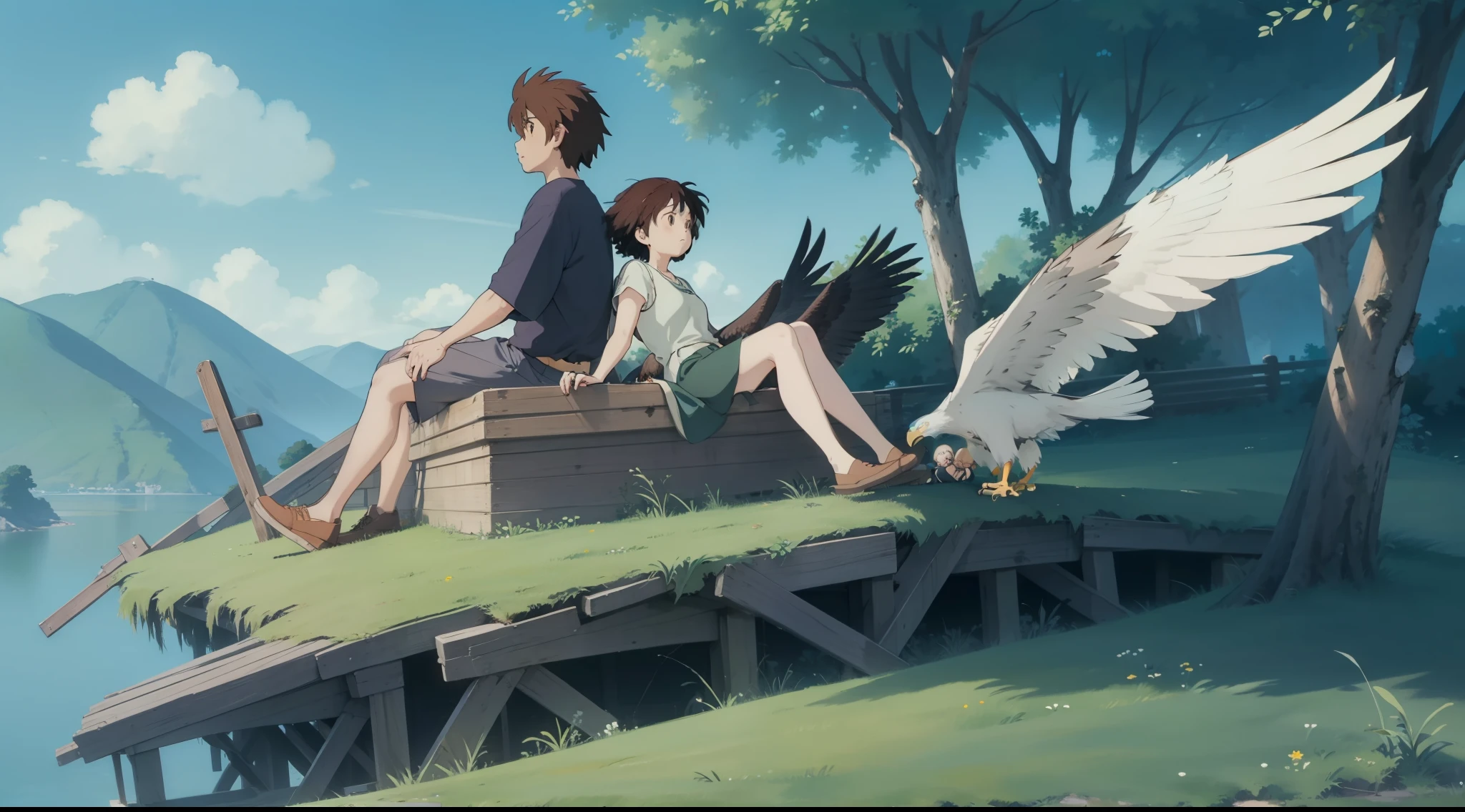 An injured eagle lies on the grasound by two people,Ghibli style