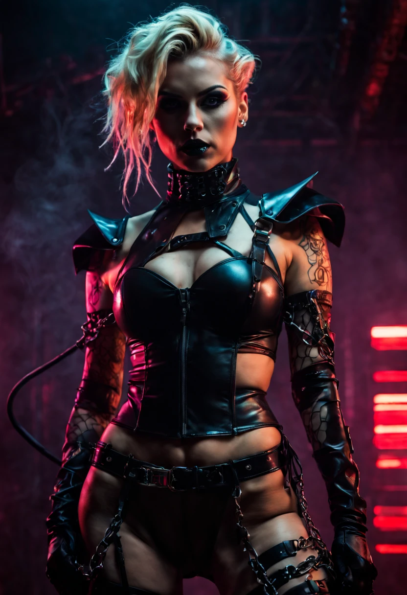 (sexy dominatrix, slim figure, gothic atmosphere:1.1),photo, realistic, (seductive cyberpunk dark fantasy:1.1), (bdsm fantasy:1.1),scantily clad,lots of skin,leather outfit,latex gloves,neck choker,crop top,high boots,whip,dark and mysterious setting,chains,dungeon lighting,smoke effects,powerful and confident pose,gothic scheme,vivid and intense expressions,perfect lighting and shadows,ultra-detailed dominatrix outfit,provocative stance,electric neon lights,gritty and futuristic vibe,edgy and bold hairstyle,blond hair,strong and dominant personality,erotic tension and allure,exquisite attention to every detail,immersive and captivating composition,striking and intense facial features,emphasized dark and seductive makeup,subtle but powerful body language,highly attractive and elegant appearance