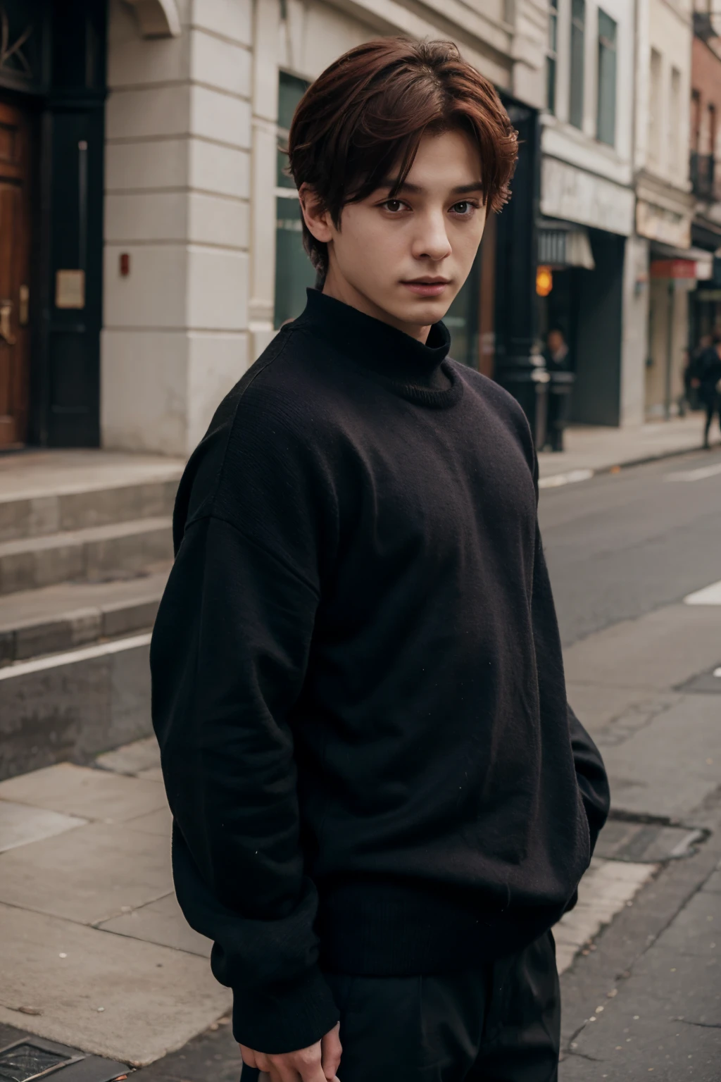 Boy similar to Jungkook from Bts with dark red hair and a black sweater