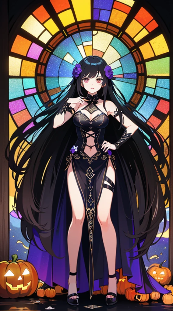 young girl, Long black hair, violet eyes, elf ears, smirk, Purple Sorcerer Form, Gold Elements, water magic, Masterpiece, hiquality, 4k, HD, Good detail