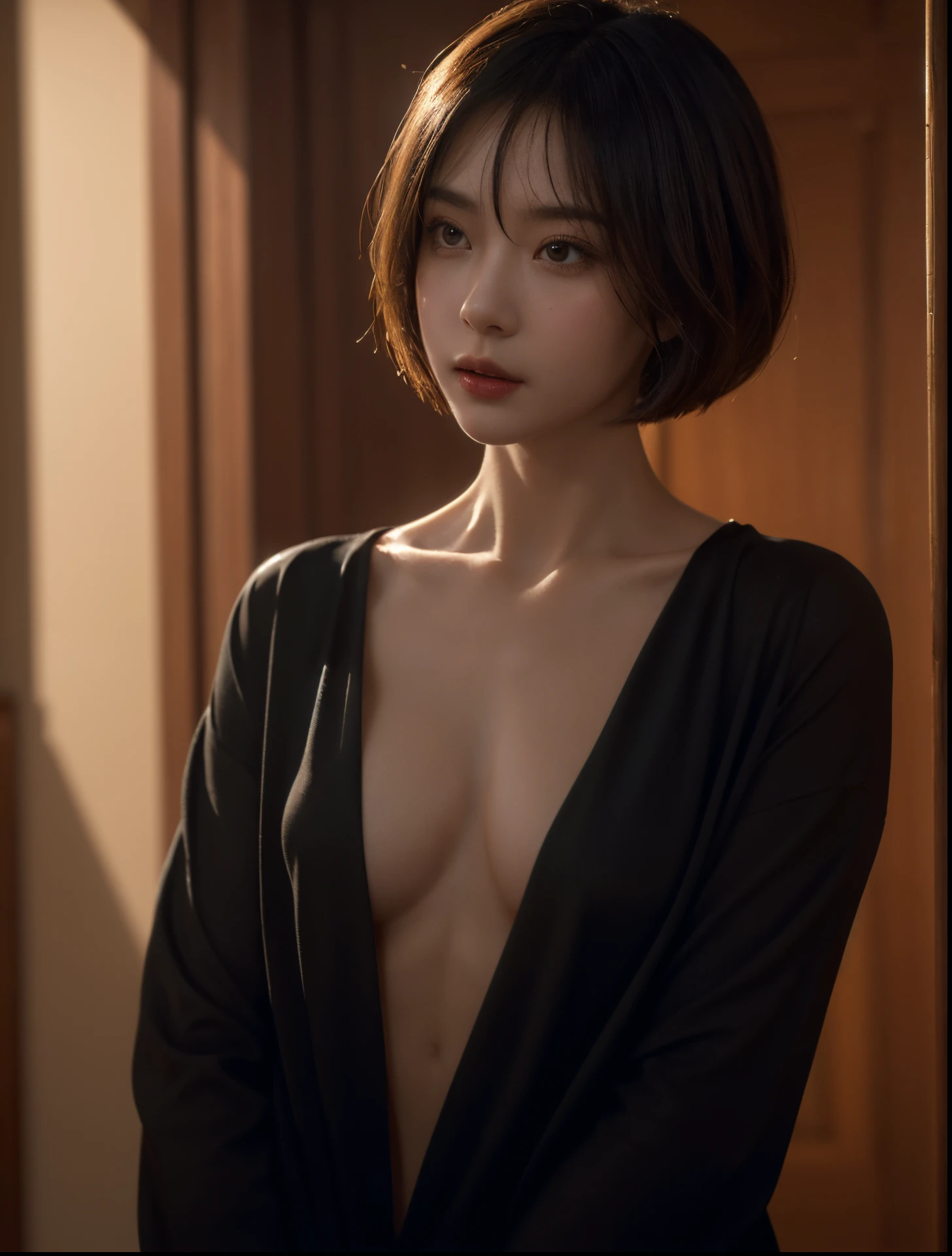 (Best quality, 8k, 32k, Masterpiece, UHD:1.2) "Produce a captivating art piece featuring a girl with a stylish bob haircut, illuminated by dramatic and cinematic lighting that accentuates the contours of her face and hair. Create an atmosphere that exudes intrigue and depth, with shadows and highlights playing a central role in defining the scene. The lighting should emphasize the girl's features and add an extra layer of drama to the composition, making it visually striking and evoking a sense of mystery and allure."