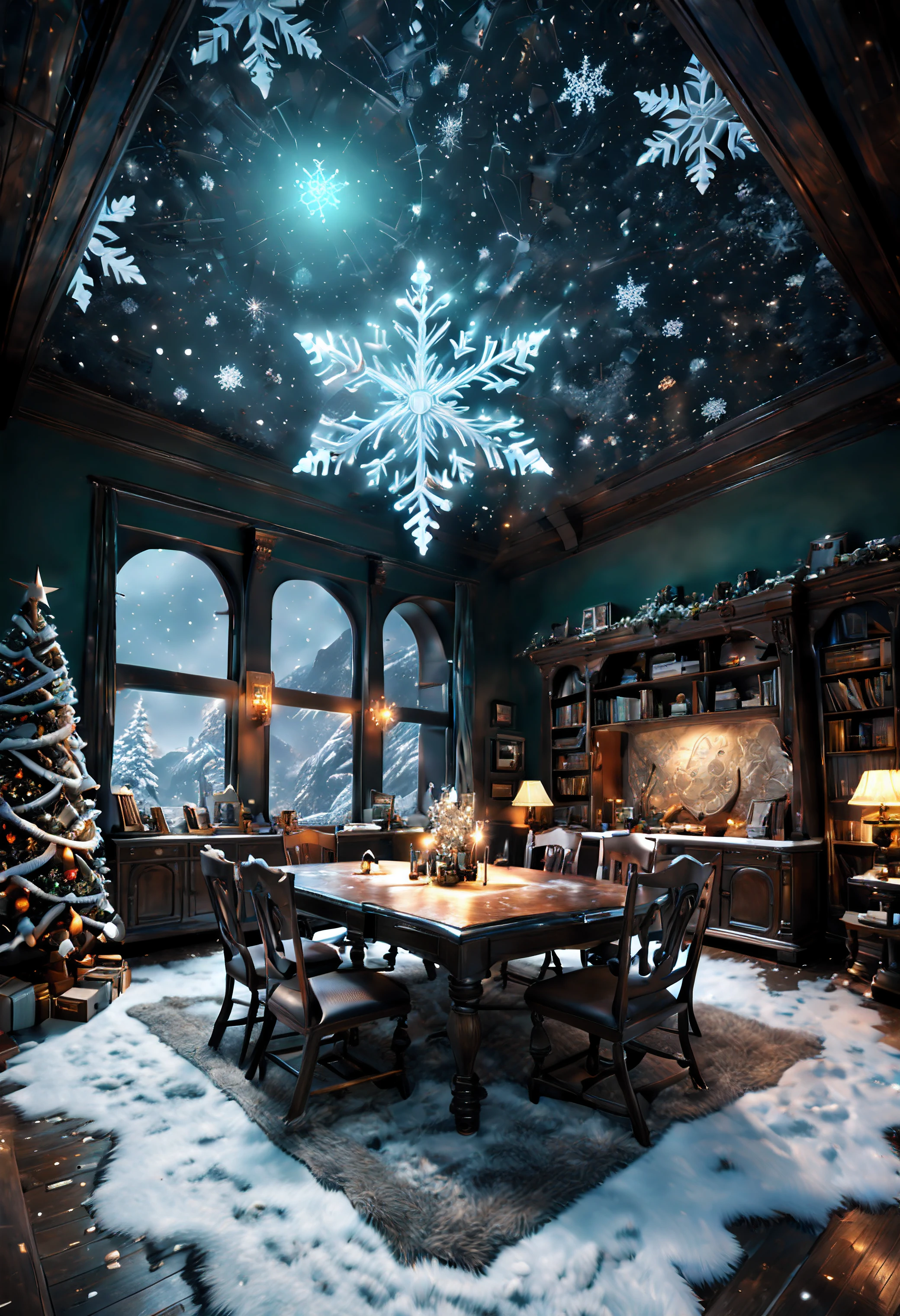 (best quality, masterpiece, Representative work, official art, Professional, unity 8k wallpaper:1.3),Ultra-wide-angle, octane render, Enhance, intricate, 

BREAK, 

luminescent shining snowflakes,very dark wonderland,magical winter.