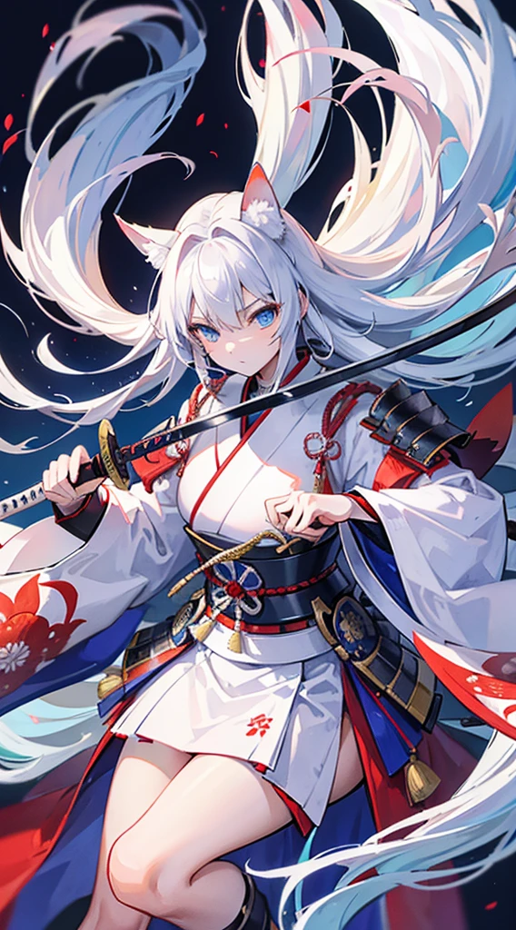 High quality, masterpiece, ultra-detailed, white kitsune samurai, long hair, enchanting blue eyes, holding one sword, katana, japanese style armor, fiery background