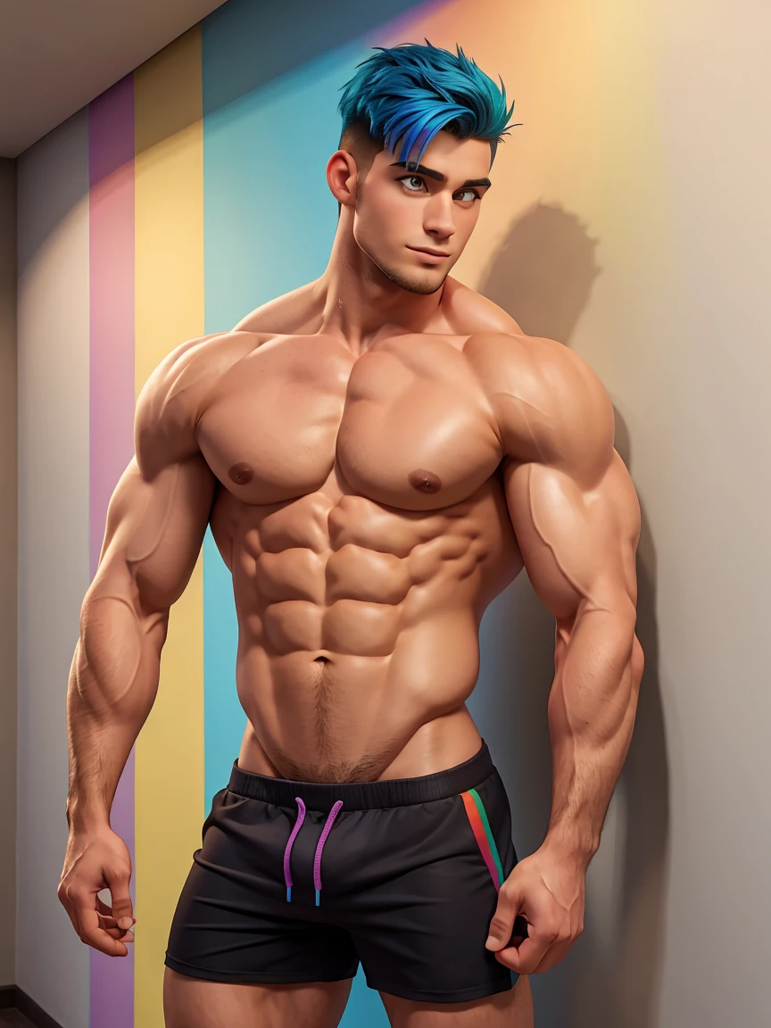 Handsome muscular man with sexy rainbow colorful short hairstyle, 25yo, totally naked, wall BG, very marked obliques, triceps, deltoids and trapezoids,