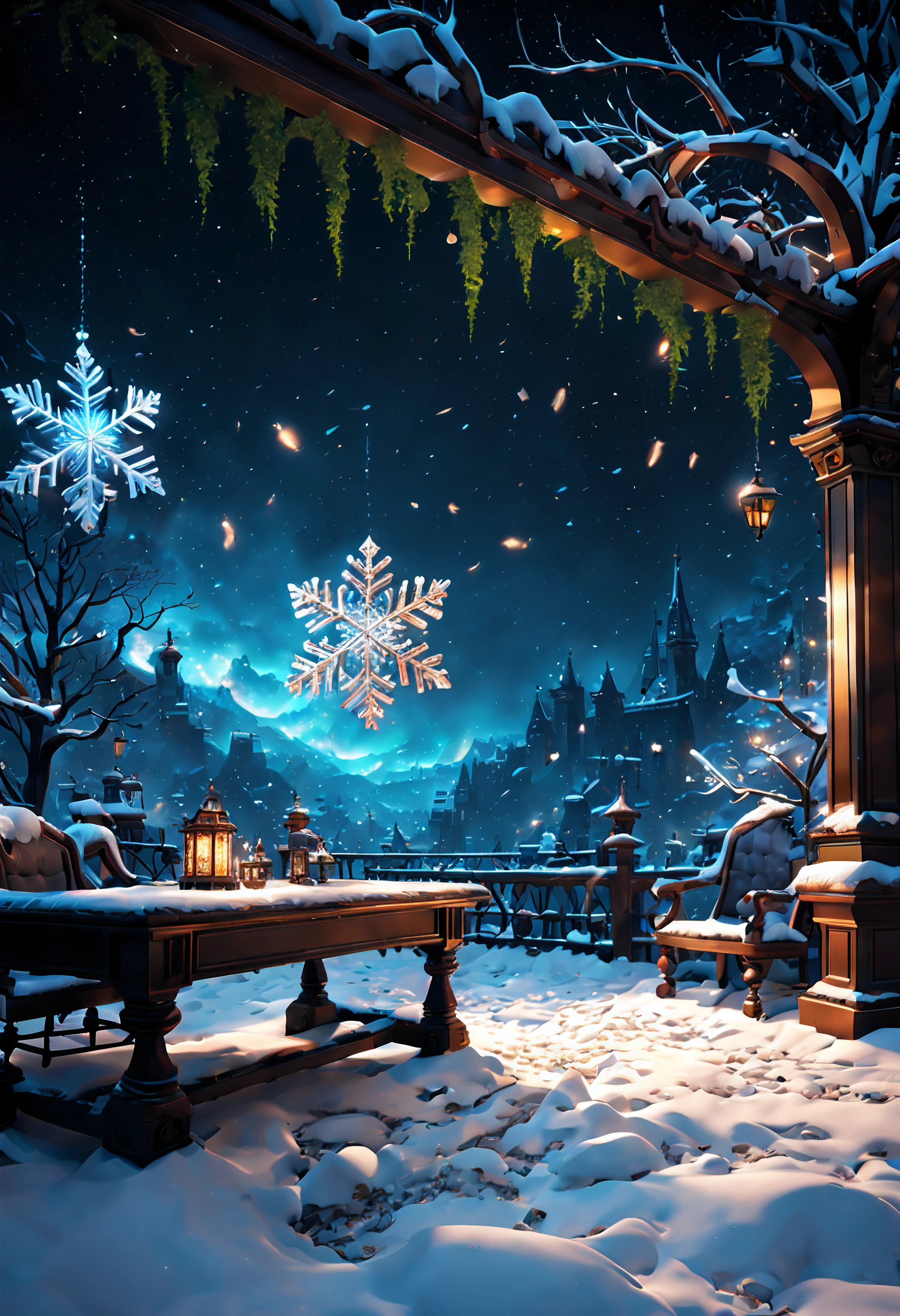 (best quality, masterpiece, Representative work, official art, Professional, unity 8k wallpaper:1.3),Ultra-wide-angle, octane render, Enhance, intricate, 

BREAK, 

luminescent shining snowflakes,very dark wonderland,magical winter.