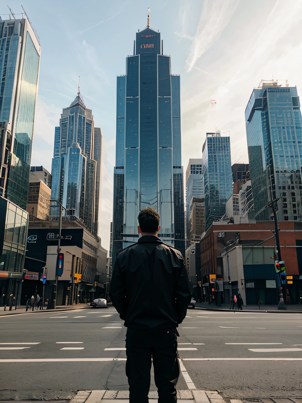 view of a man standing on the street looking at the top of tall buildings filled with glass panels