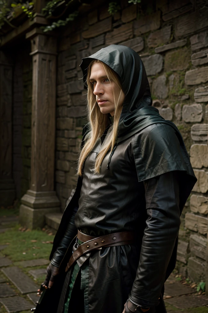 Male, Half Elf Rogue, with long blonde hair, Serious look, in black and green leather armor, rapier sword in left hand, Elf in a hood, Thin and tall, Full-length, Slim, Very tall, Enigmatic, Hooded, Wearing a black cloak at the back, in front of a forest background, Medieval times, Fantasy, hyper-realistic