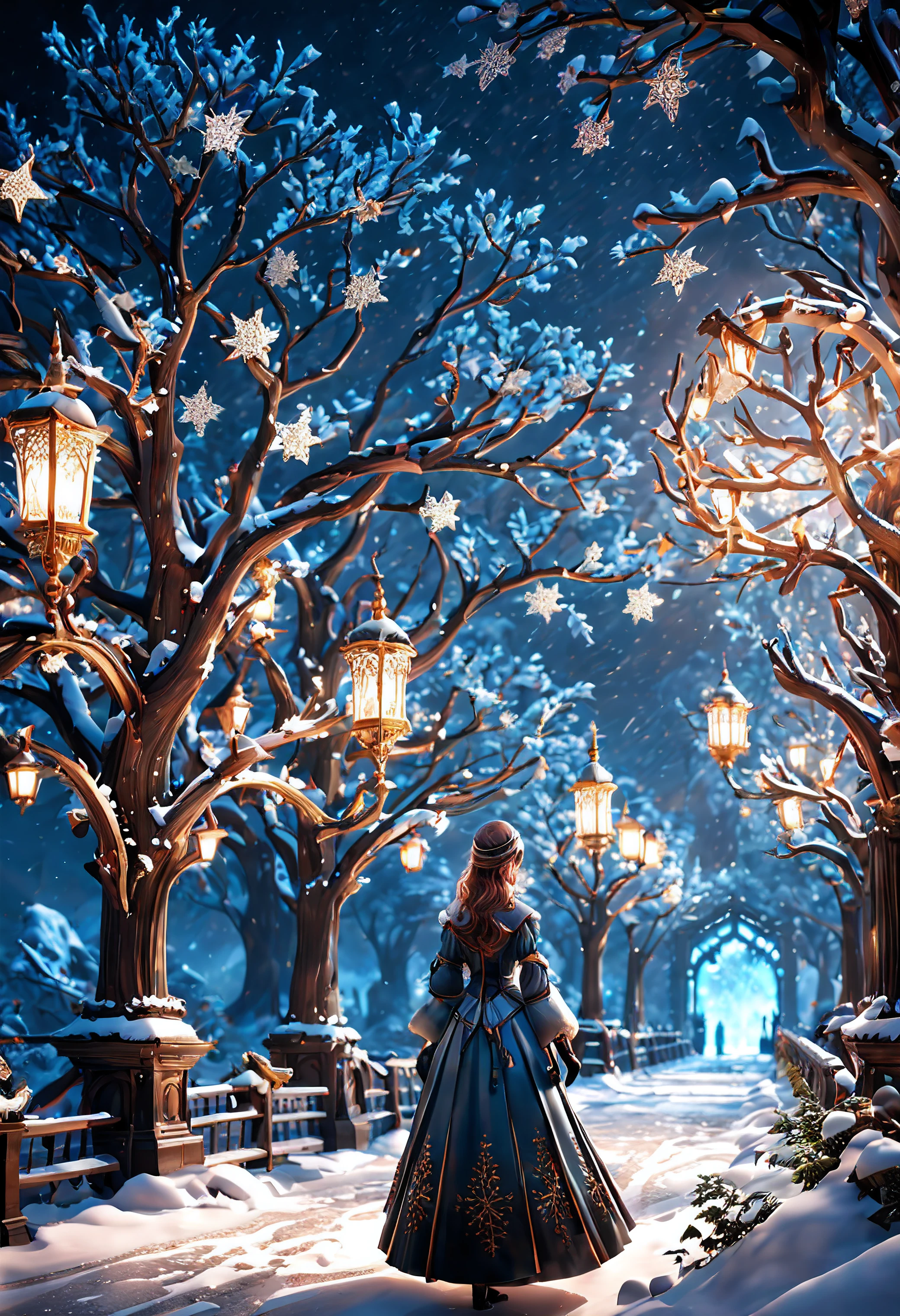 (best quality, masterpiece, Representative work, official art, Professional, unity 8k wallpaper:1.3),Ultra-wide-angle, octane render, Enhance, intricate, 

BREAK, 

luminescent shining snowflakes,very dark wonderland,magical winter.