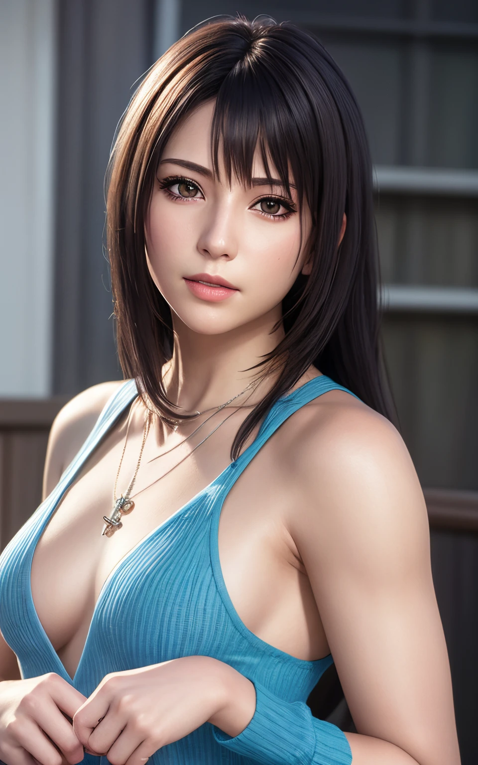 rinoa, blue duster, blue wristbands, holding necklace, portrait body, unparalleled masterpiece, ultra realistic 8k CG, perfect artwork, clean, beautiful face, pure face, pale skin, intricate detail, prestige, gorgeous, luxury, fancy ballroom