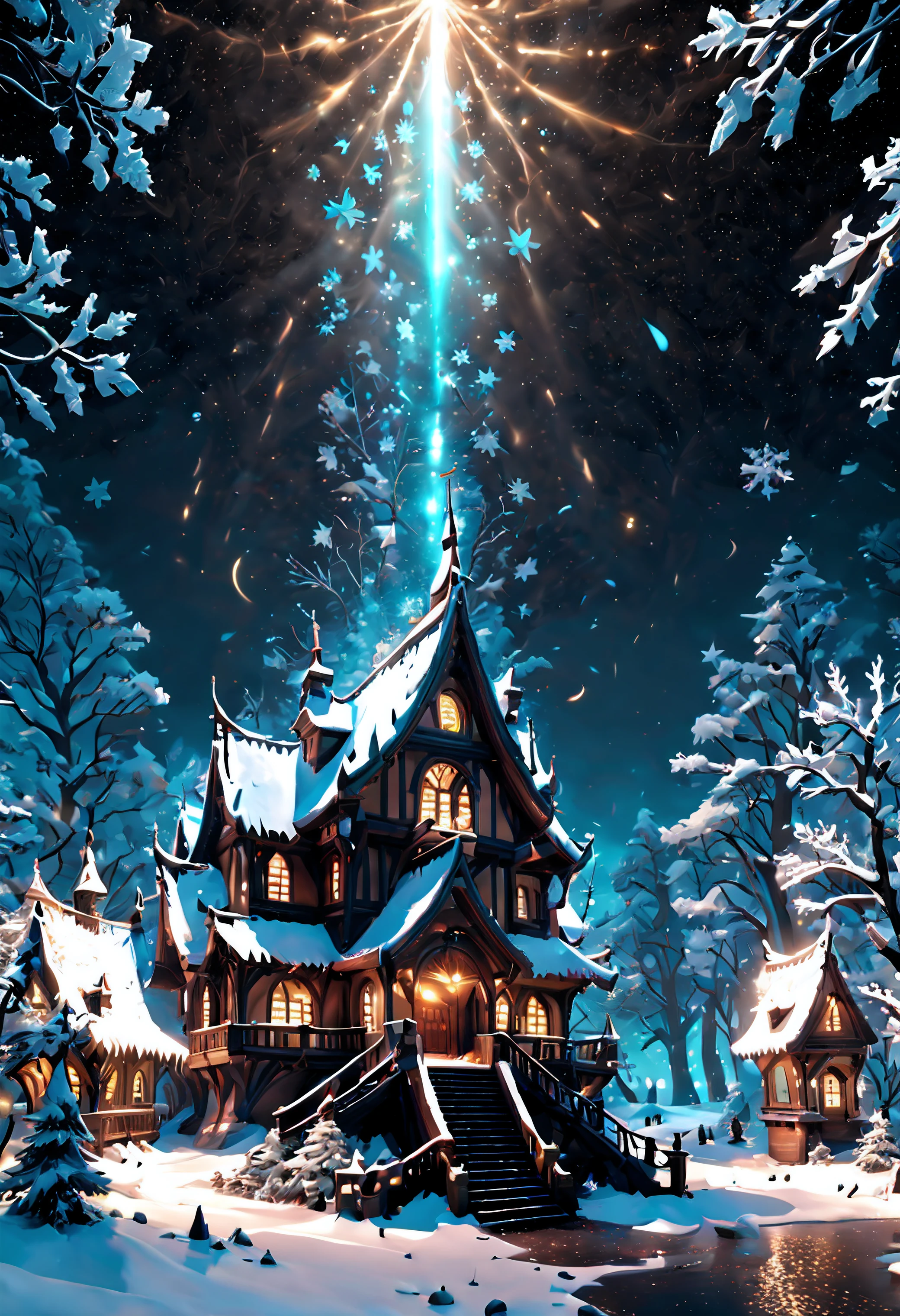 (best quality, masterpiece, Representative work, official art, Professional, unity 8k wallpaper:1.3),Ultra-wide-angle, octane render, Enhance, intricate, 

BREAK, 

luminescent shining snowflakes,very dark wonderland,magical winter.